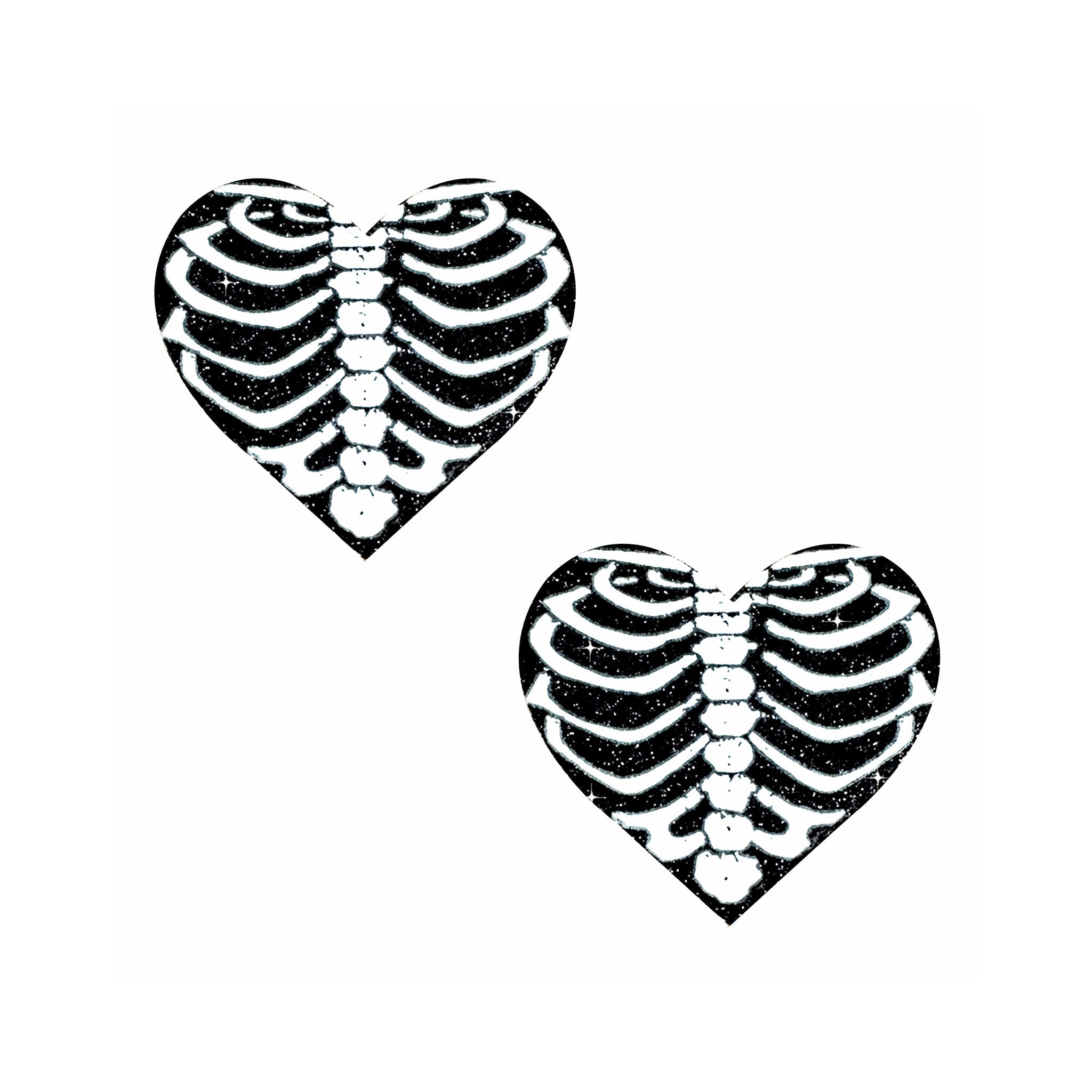 Adhesive medical-grade swimsuit-material hypoallergenic latex-free waterproof glitter accessories intimates pasties nipple-pasties nipple-covers breast-covers breast-shields heart-shaped shiny sparkly sparkling spooky eerie goth gothic costume cosplay halloween skeleton bone ribs ribcage rib-cage pelvis pelvic hip-bone hipbone black white 
