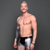 Latex rubber apparel bottoms shorts underwear etched-pattern snake reptile snakeskin textured scaly front-pouch crotch-pouch low-rise waistband two-tone contrast snug-fit comfortable sexy shiny slippery sleek fetish fashion alt-fashion clubwear bondage bdsm kink kinky kinkwear sensory sensual tactile male masculine masc mens menswear guys dudes black silver metallic