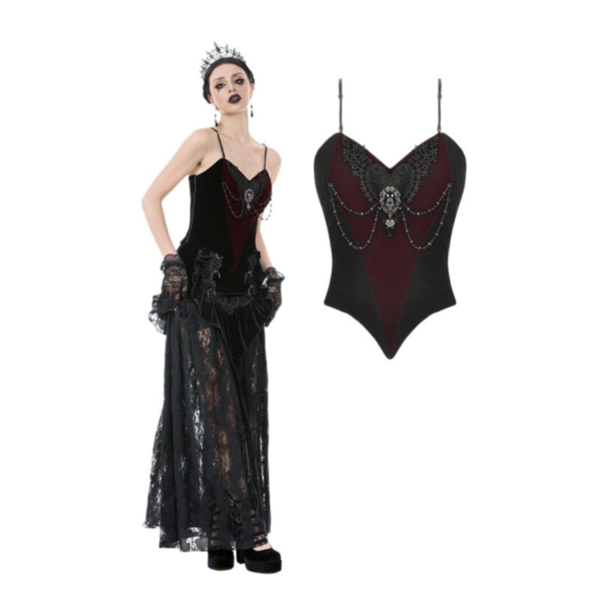 black velvet gothic corset with lace embroidery jewel chains sweetheart neckline lace up back victorian romantic bustier fetish fashion