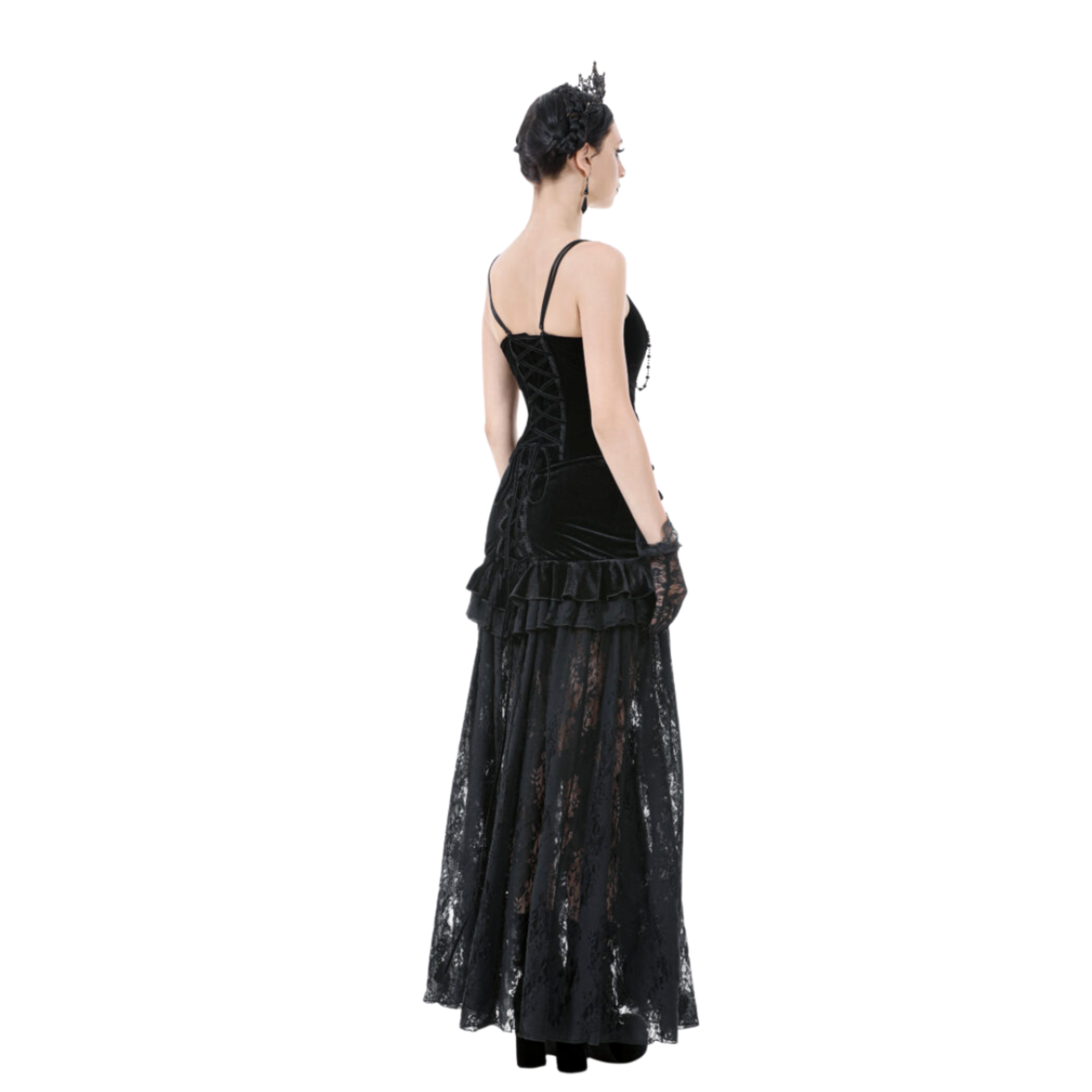 black velvet gothic corset with lace embroidery jewel chains sweetheart neckline lace up back victorian romantic bustier fetish fashion
