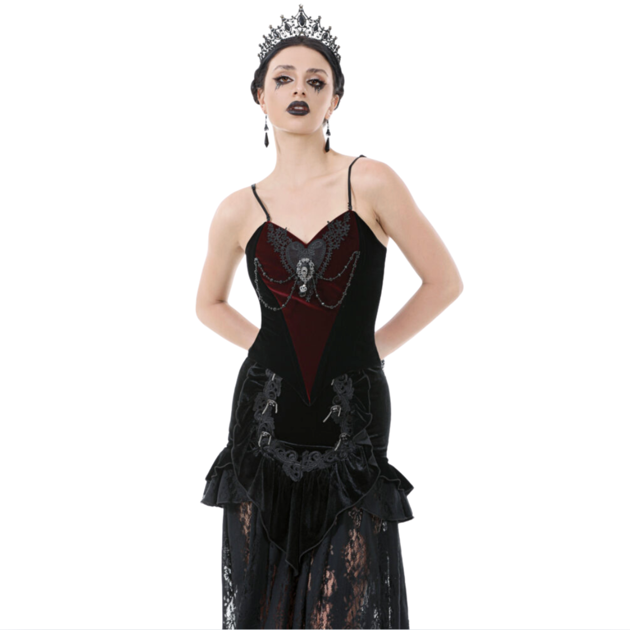 black velvet gothic corset with lace embroidery jewel chains sweetheart neckline lace up back victorian romantic bustier fetish fashion