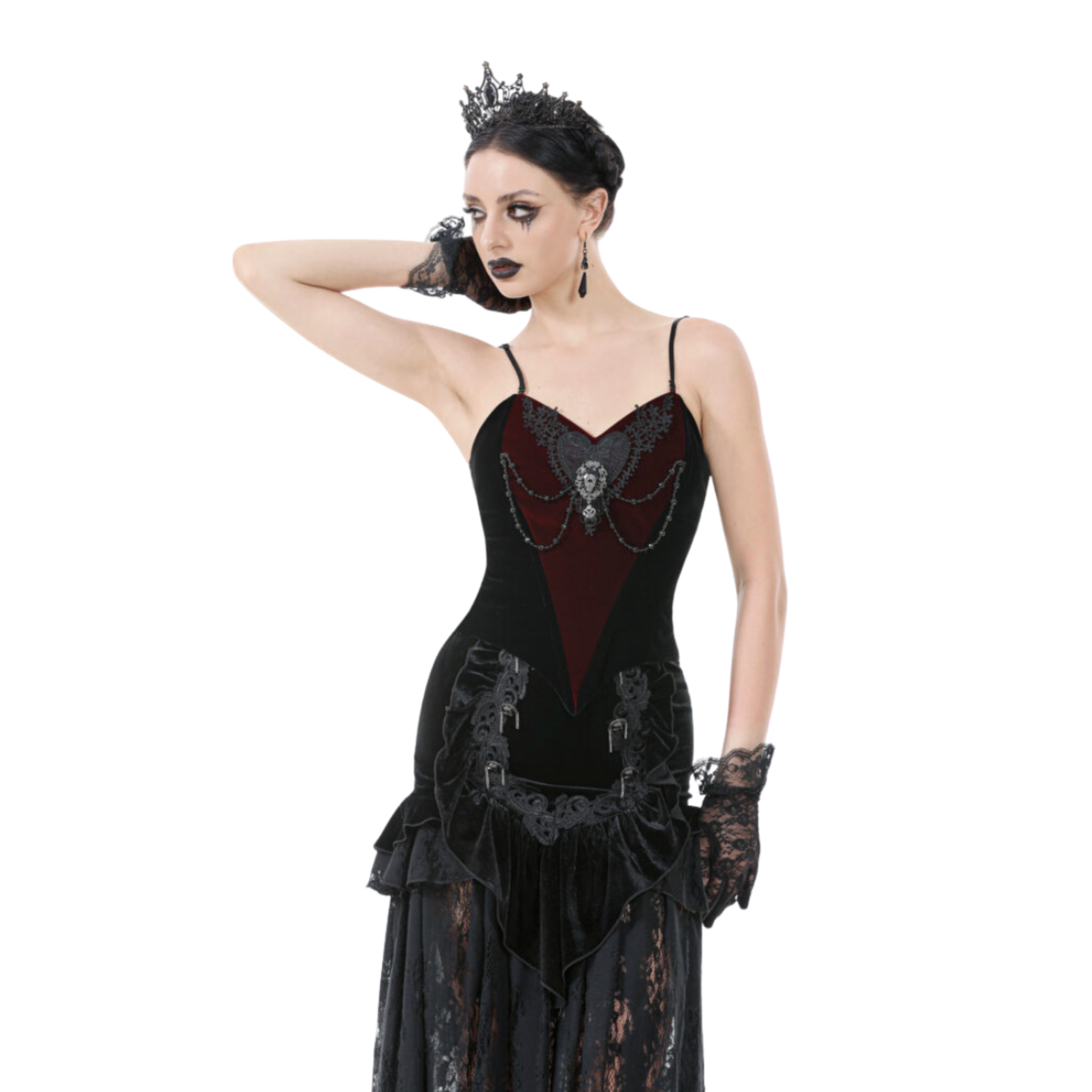 black velvet gothic corset with lace embroidery jewel chains sweetheart neckline lace up back victorian romantic bustier fetish fashion