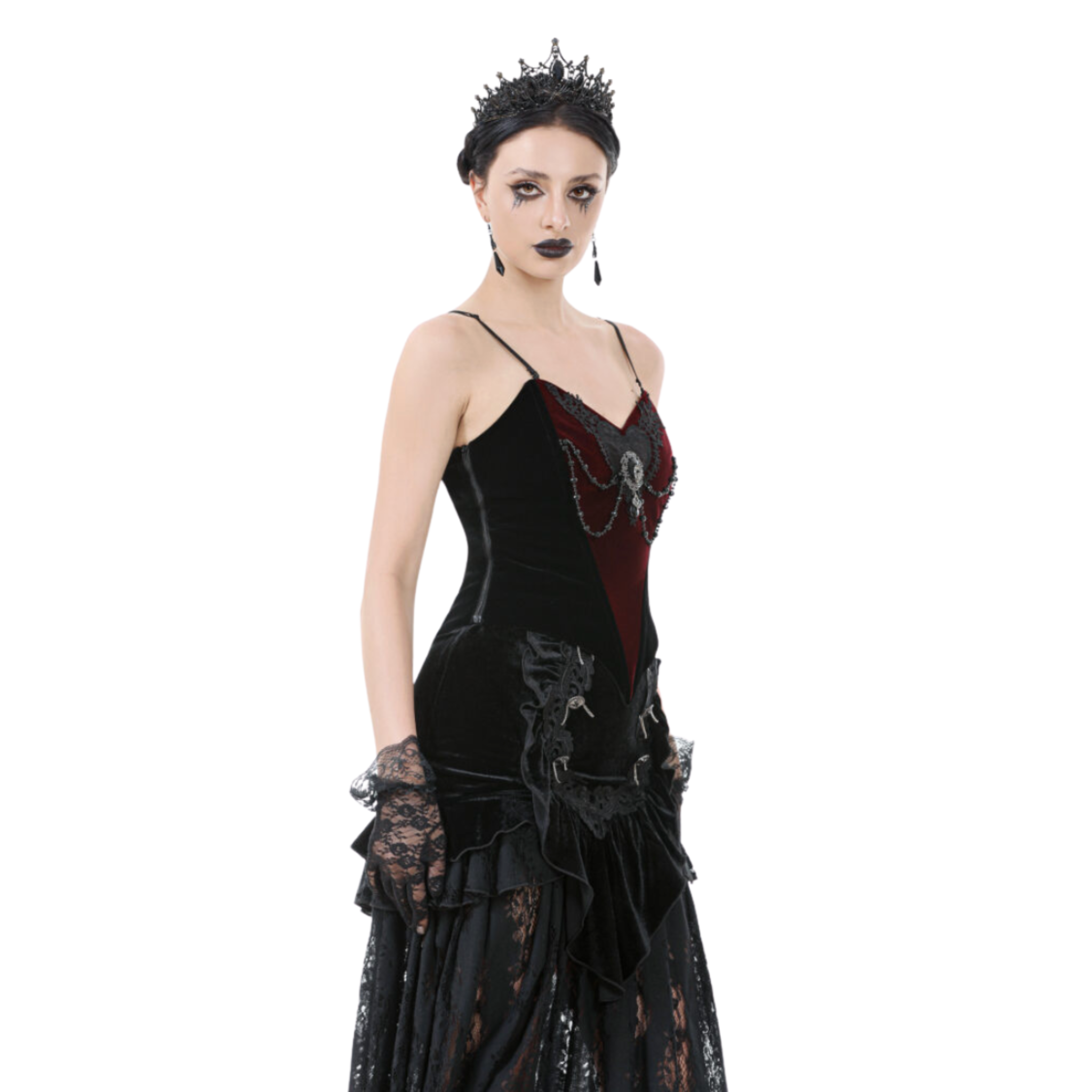 black velvet gothic corset with lace embroidery jewel chains sweetheart neckline lace up back victorian romantic bustier fetish fashion