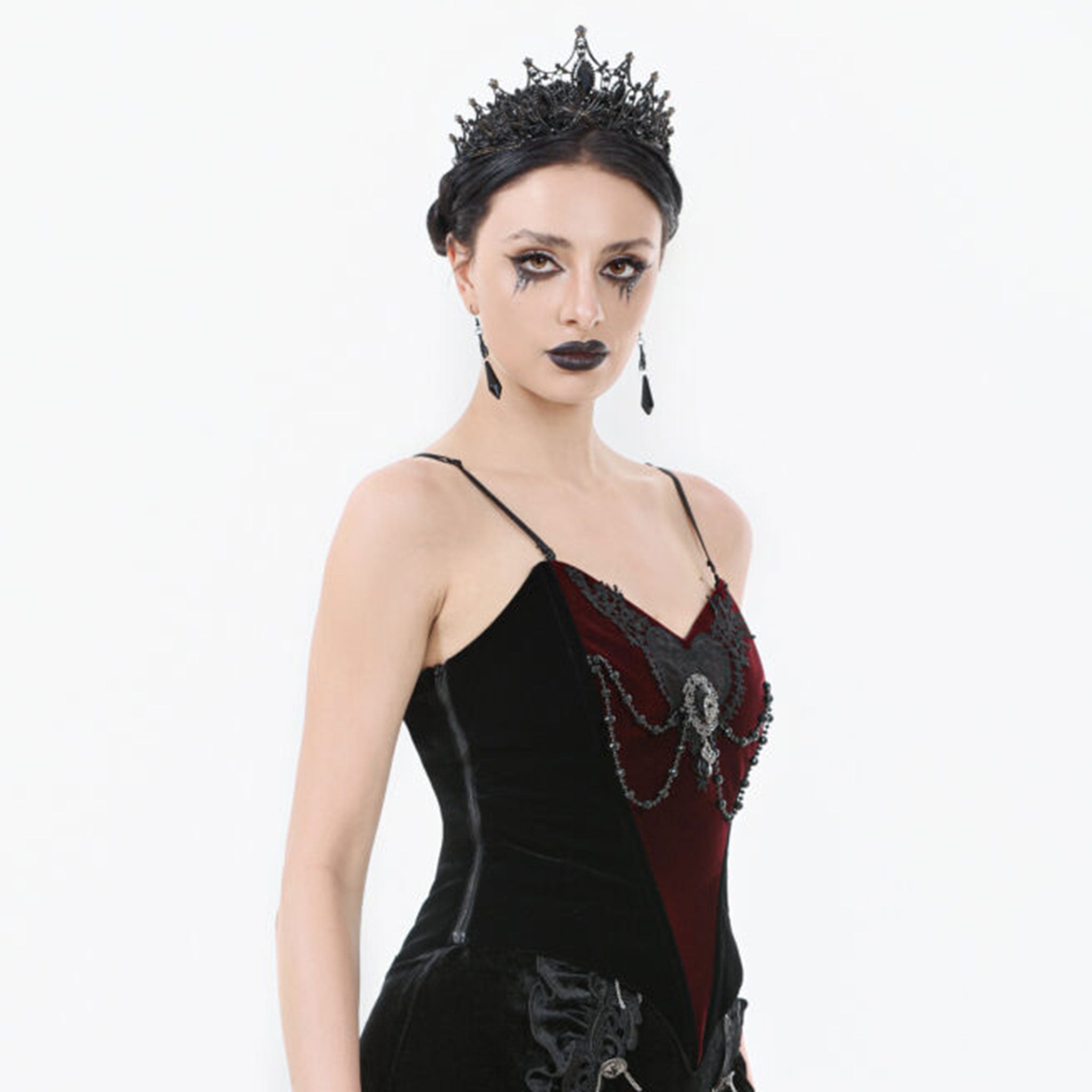 Velvet polyester apparel top corset cincher bustier overbust over-bust jewel-chain jeweled-chain beaded-chain side-zip zipper neckline sweetheart-neckline heart embroidery lace-embroidery spaghetti-straps shoulder-straps adjustable lace-up laceup sleeveless fetish fashion alt-fashion goth gothic goth-doll romantic romance dark-romance delicate intricate victorian lolita loli seduction seductive costume cosplay halloween masquerade stagewear female femme feminine womens dames black red