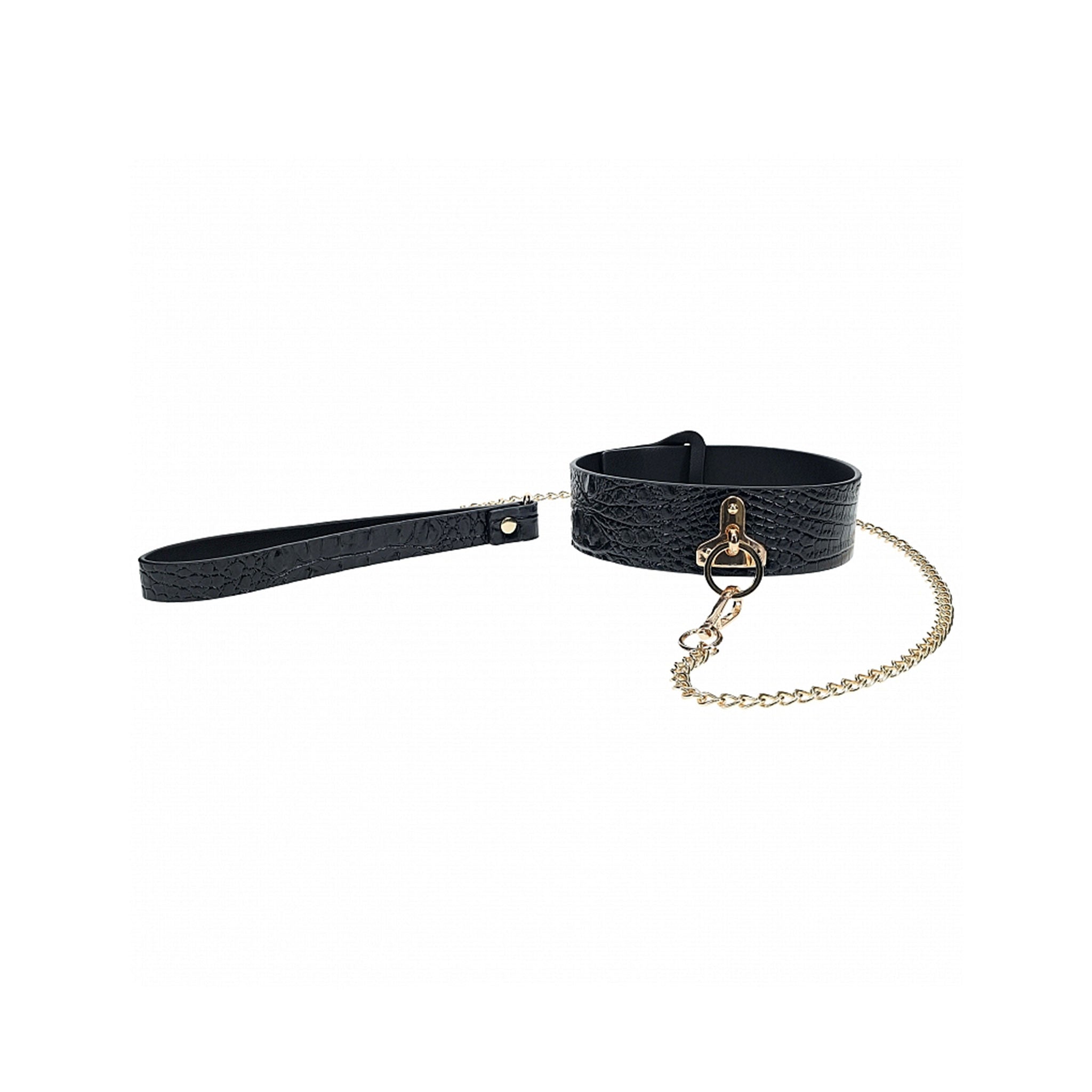 Leather bonded croc crocodile reptile scales embossed leash lead collar chain rome adjustable detachable bdsm bondage dominance restraints kink kinky kinky-play pet-play adult-toys erotic fetish fashion luxurious glamorous glam black gold