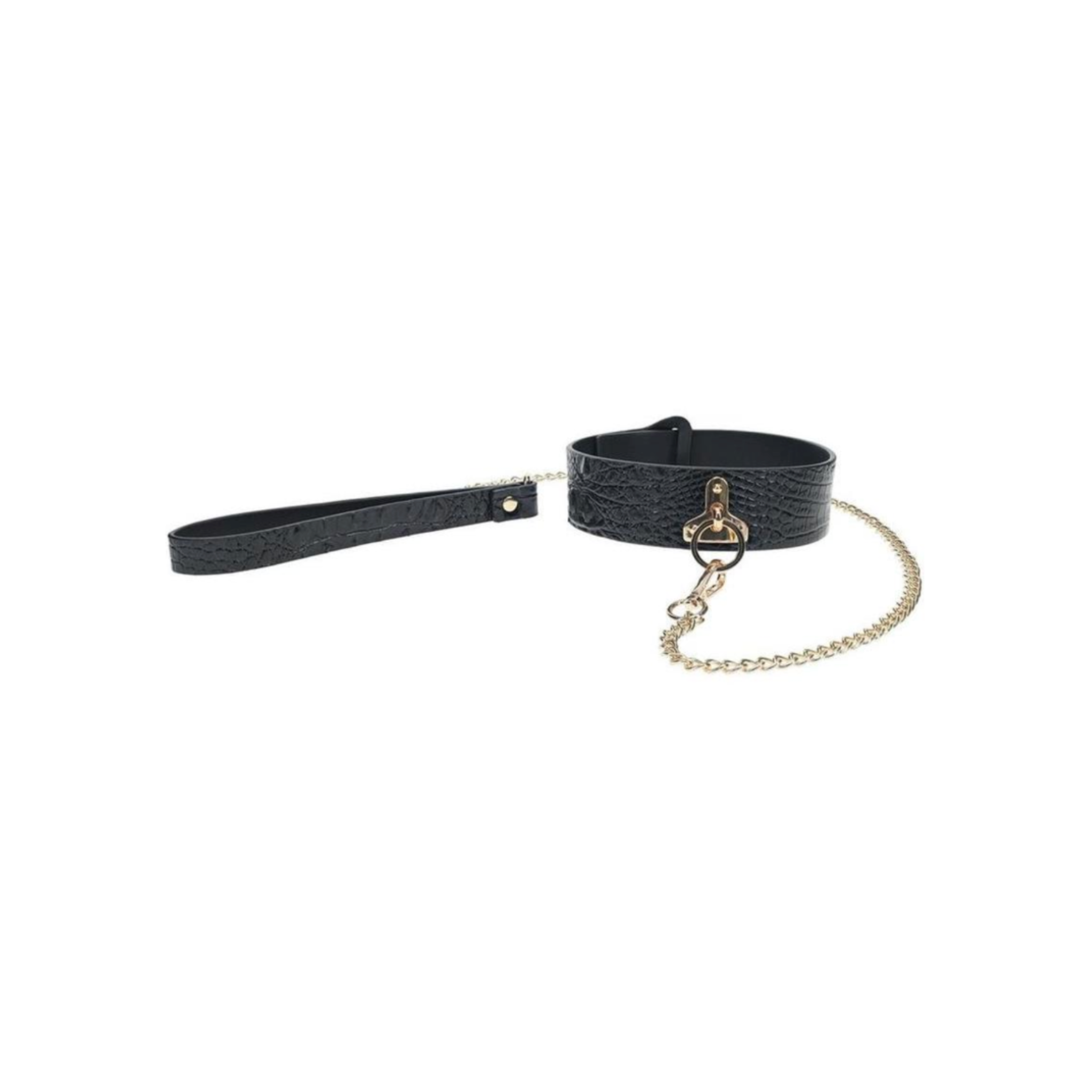  Collar & Leash | Black croc bonded leather, adjustable collar, gold detachable leash