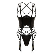 PVC vinyl polyester polyurethane elastane nylon satin mesh sheer apparel intimates lingerie lingerie-set bustier underwired open-cup shelf-cup padded-shelf merrywidow merry-widow adjustable shoulder-straps hook-and-eye panty panties gstring g-string thong garter-belt slide-clips strappy sexy shiny glossy bold fetish fashion alt-fashion alternative bedroom bondage bdsm bdsm-gear bdsm-fashion bound tied-up restraints rope corded-rope kink kinky kinkwear female femme feminine womens black