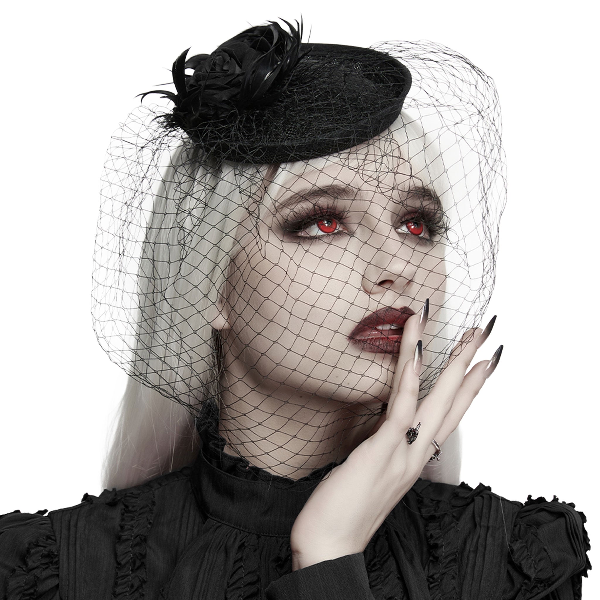 Polyester feathers rooster-feathers mesh accessories head-gear hat hairpin-hat hairpin-style fascinator teardrop mesh-veil face-veil partial-cover rose-flower rose-focus 3d-rose gator-clips low-profile elegant glamorous mystery mysterious fetish fashion alt-fashion alternative goth gothic retro formal costume cosplay halloween halloween-accessories afterdark-collection female femme feminine womens black