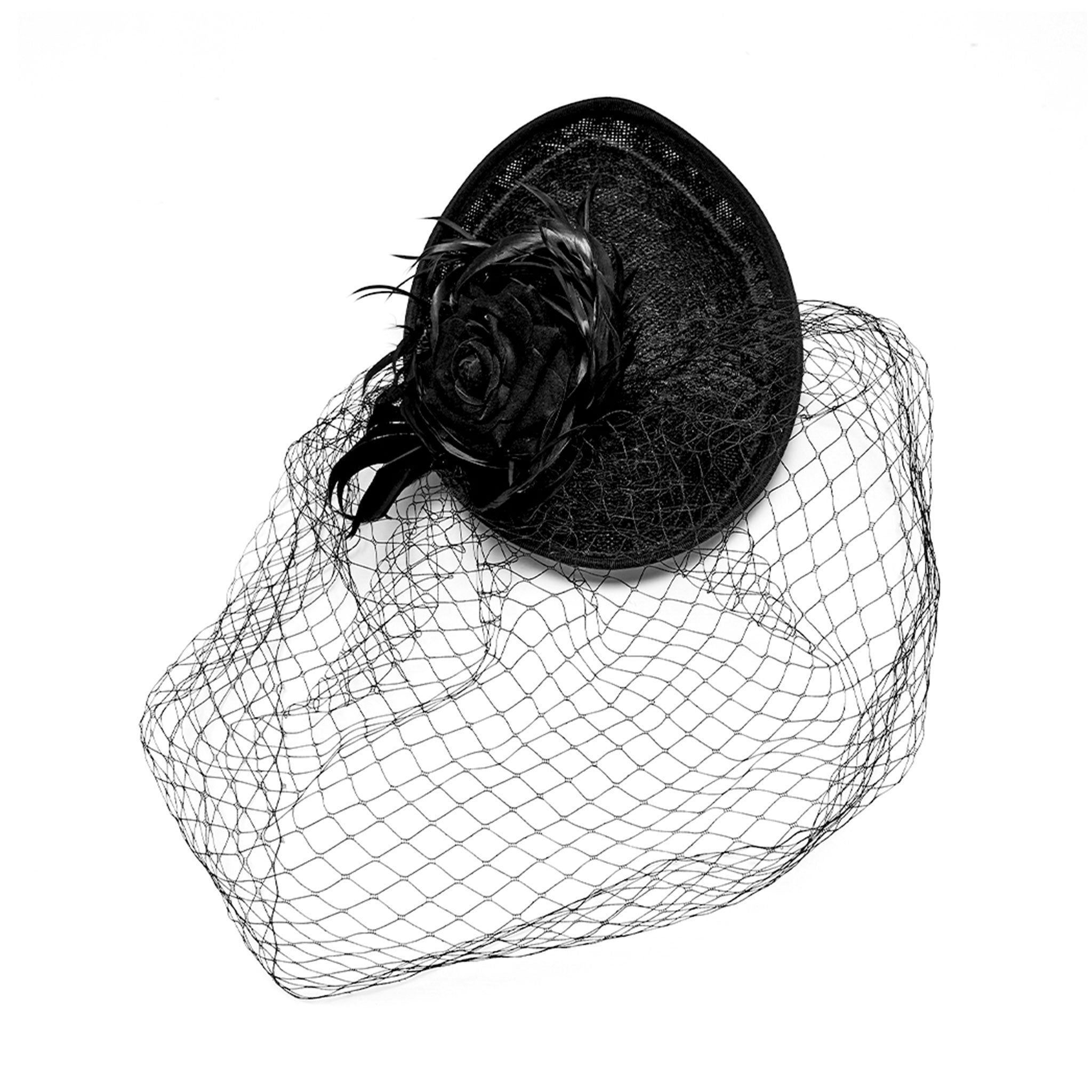 Polyester feathers rooster-feathers mesh accessories head-gear hat hairpin-hat hairpin-style fascinator teardrop mesh-veil face-veil partial-cover rose-flower rose-focus 3d-rose gator-clips low-profile elegant glamorous mystery mysterious fetish fashion alt-fashion alternative goth gothic retro formal costume cosplay halloween halloween-accessories afterdark-collection female femme feminine womens black