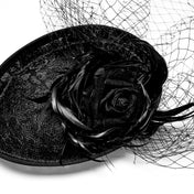 Polyester feathers rooster-feathers mesh accessories head-gear hat hairpin-hat hairpin-style fascinator teardrop mesh-veil face-veil partial-cover rose-flower rose-focus 3d-rose gator-clips low-profile elegant glamorous mystery mysterious fetish fashion alt-fashion alternative goth gothic retro formal costume cosplay halloween halloween-accessories afterdark-collection female femme feminine womens black