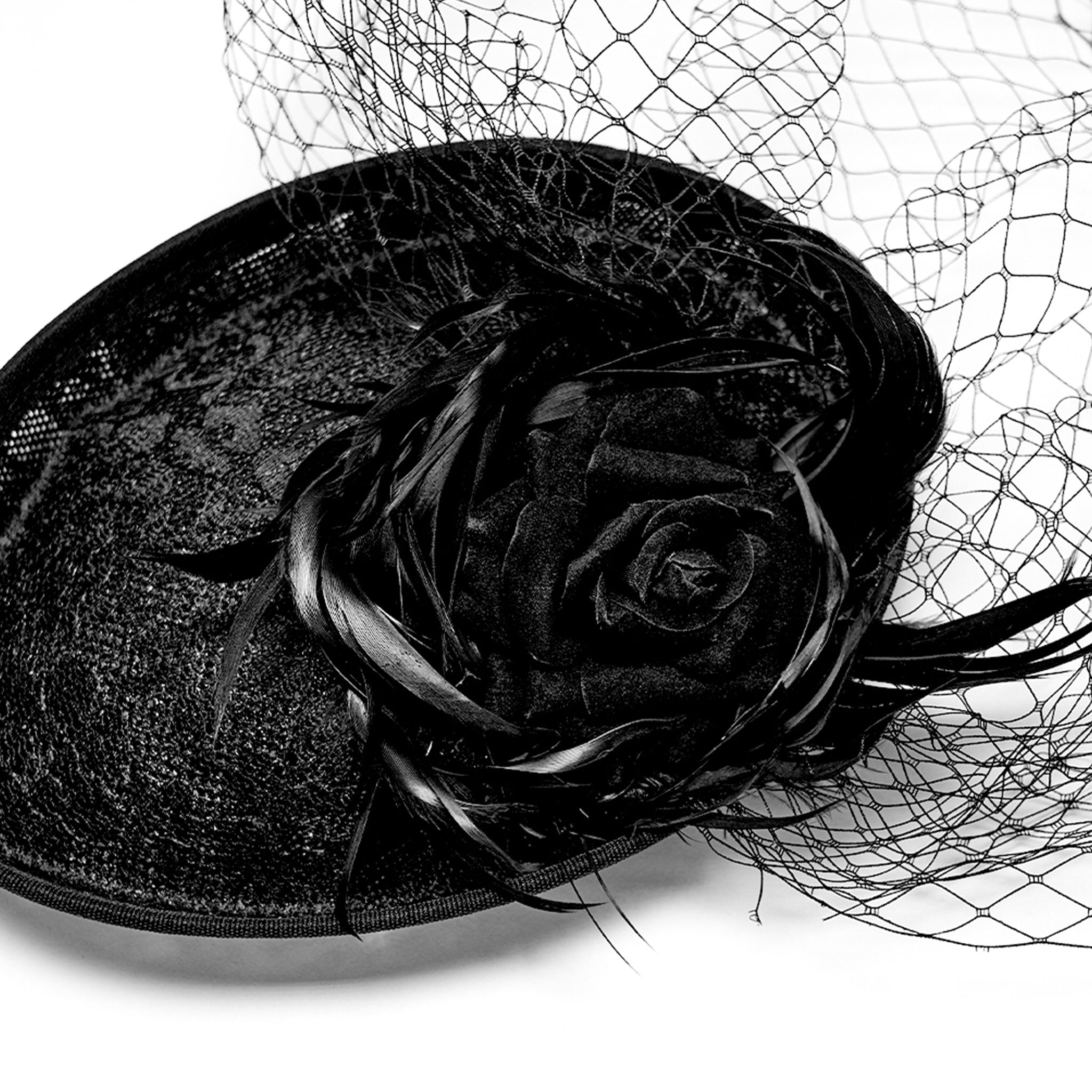 Polyester feathers rooster-feathers mesh accessories head-gear hat hairpin-hat hairpin-style fascinator teardrop mesh-veil face-veil partial-cover rose-flower rose-focus 3d-rose gator-clips low-profile elegant glamorous mystery mysterious fetish fashion alt-fashion alternative goth gothic retro formal costume cosplay halloween halloween-accessories afterdark-collection female femme feminine womens black