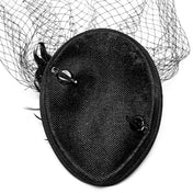 Polyester feathers rooster-feathers mesh accessories head-gear hat hairpin-hat hairpin-style fascinator teardrop mesh-veil face-veil partial-cover rose-flower rose-focus 3d-rose gator-clips low-profile elegant glamorous mystery mysterious fetish fashion alt-fashion alternative goth gothic retro formal costume cosplay halloween halloween-accessories afterdark-collection female femme feminine womens black
