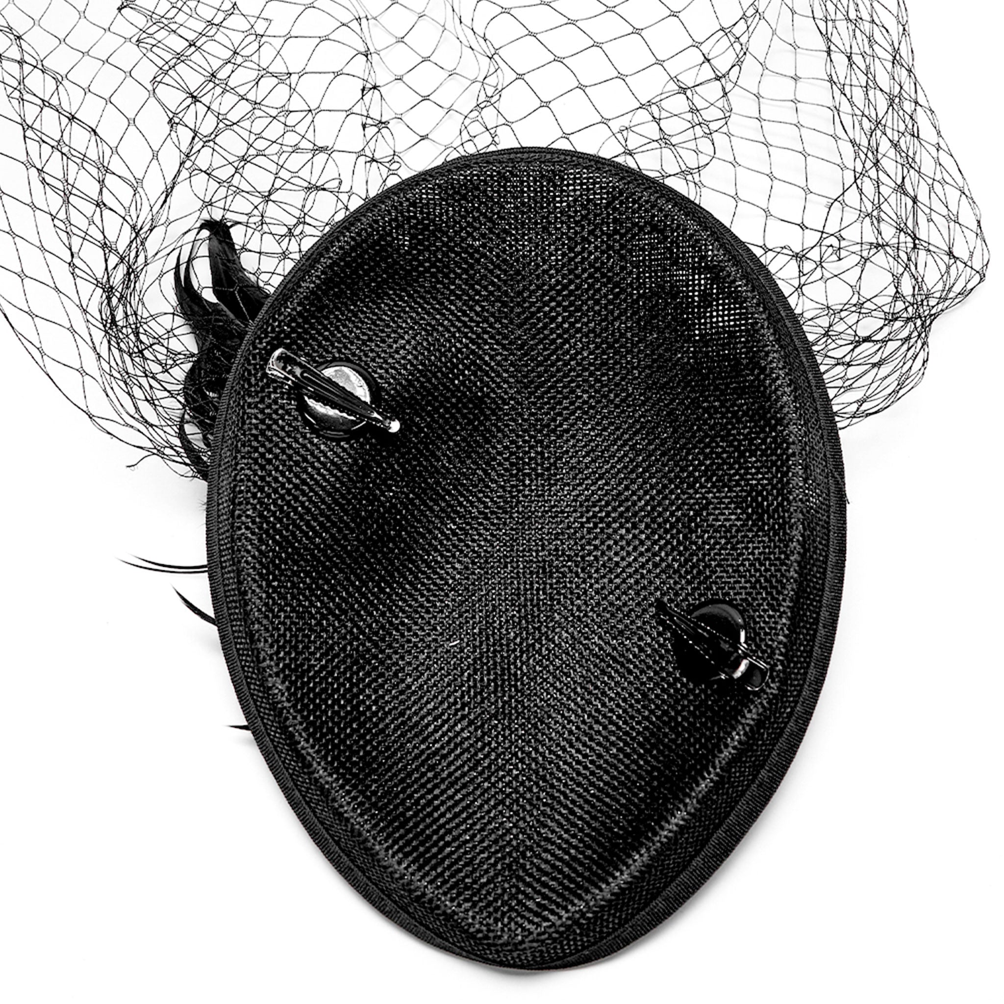 Polyester feathers rooster-feathers mesh accessories head-gear hat hairpin-hat hairpin-style fascinator teardrop mesh-veil face-veil partial-cover rose-flower rose-focus 3d-rose gator-clips low-profile elegant glamorous mystery mysterious fetish fashion alt-fashion alternative goth gothic retro formal costume cosplay halloween halloween-accessories afterdark-collection female femme feminine womens black