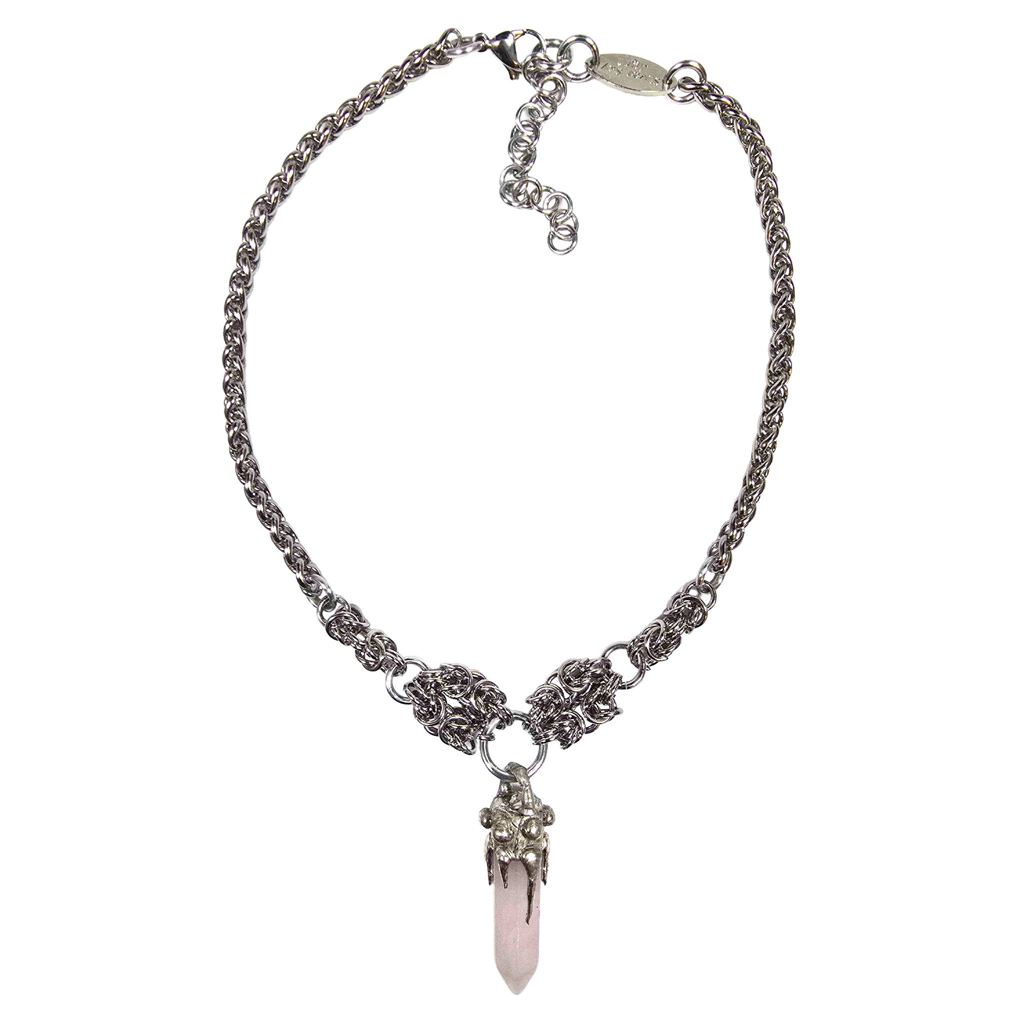 Quartz rose-quartz silver electroplated-silver stainless-steel accessories jewelry spiritual-jewelry maille-jewelry choker quartz-bullet claw-setting byzantine-maille chainmail chain-mail chain wheat-braid wheatbraid-chain lobster-clasp adjustable pendant protection positive-energy love-energy compassion compassionate-energy fashion alt-fashion bohemian boho boho-chic goth gothic viking celtic celt witch fairy holiday gift unisex pink silver 