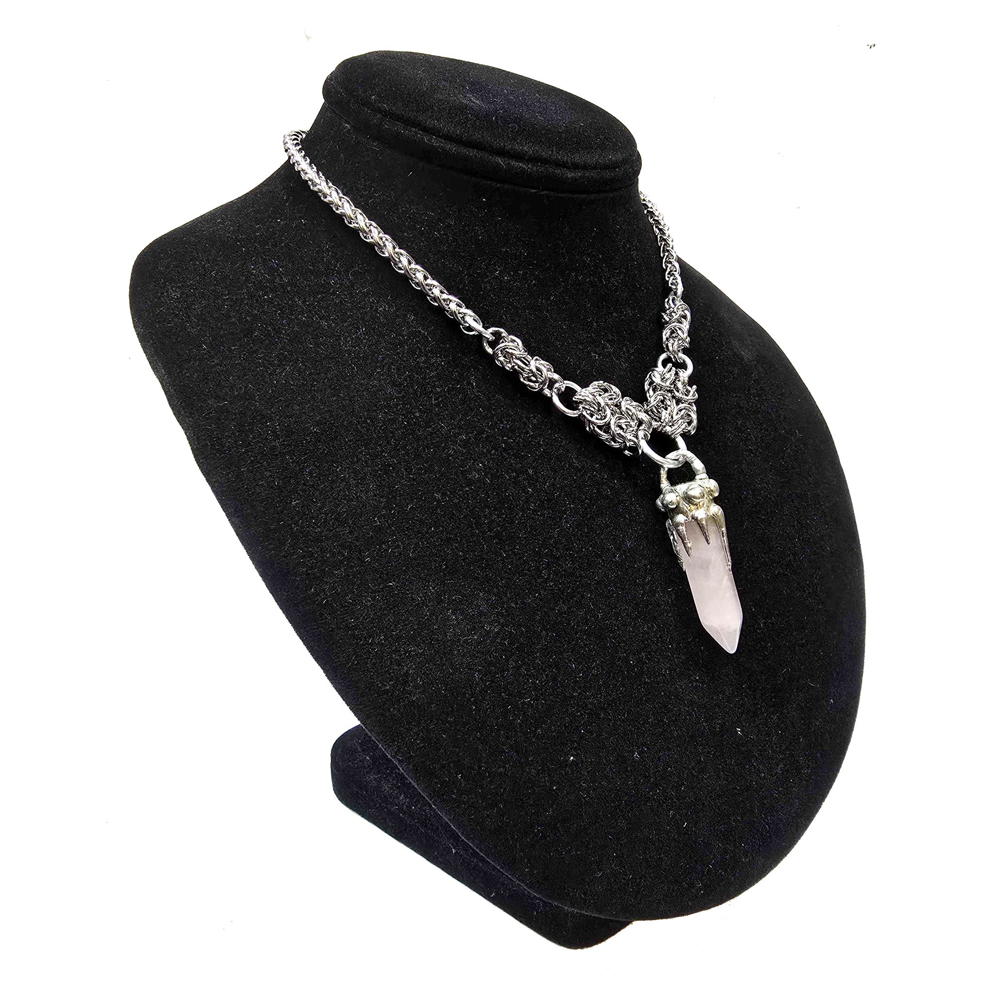 Quartz rose-quartz silver electroplated-silver stainless-steel accessories jewelry spiritual-jewelry maille-jewelry choker quartz-bullet claw-setting byzantine-maille chainmail chain-mail chain wheat-braid wheatbraid-chain lobster-clasp adjustable pendant protection positive-energy love-energy compassion compassionate-energy fashion alt-fashion bohemian boho boho-chic goth gothic viking celtic celt witch fairy holiday gift unisex pink silver 