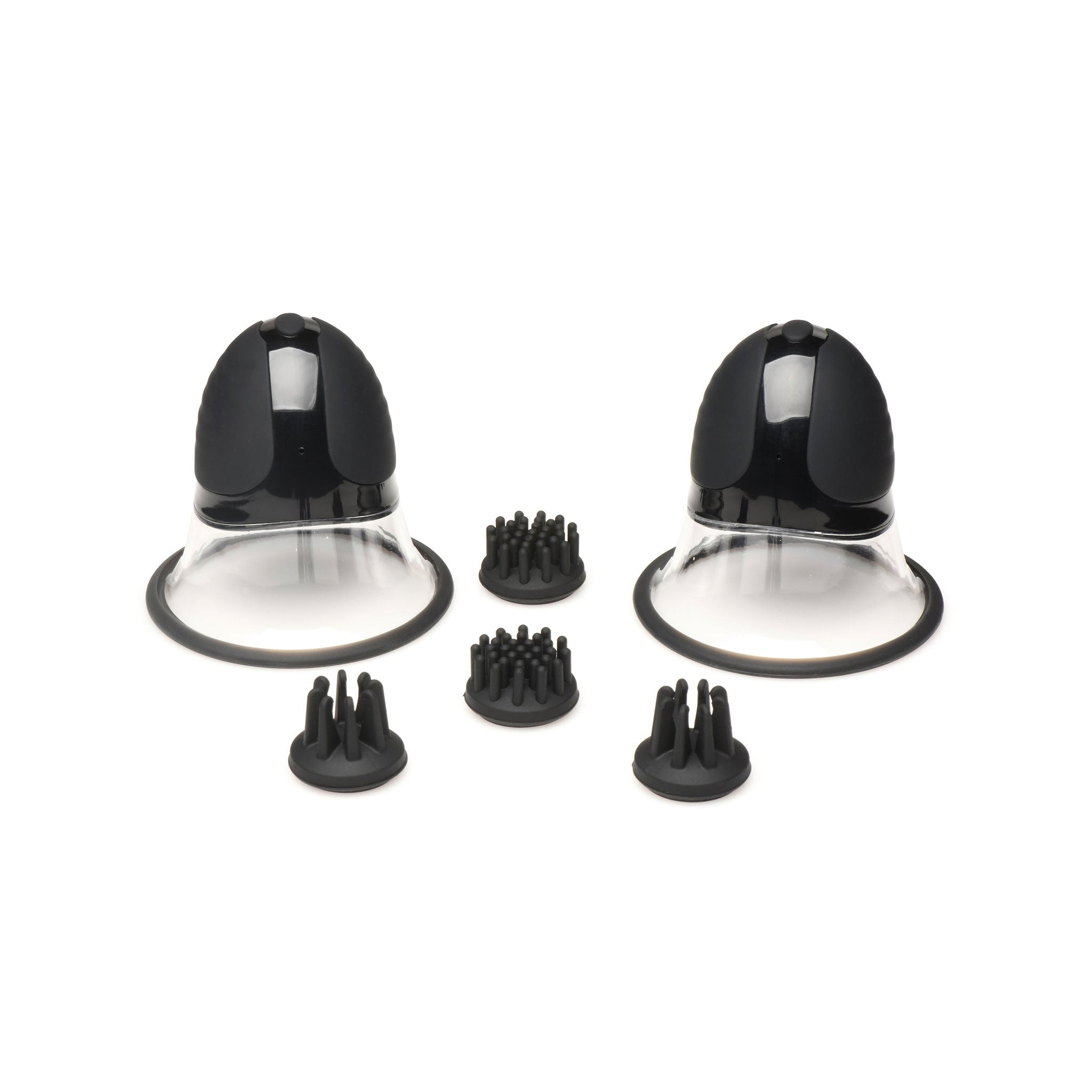 Silicone ABS-plastic sucker suction-cup suction-mounted stim stimulate stimulator stimulation vibrator vibrating vibration vibe rotating rotation rotate hands-free interchangeable-heads silicone-head attachment-heads usb-rechargeable bdsm kink kinky kinky-play nipple nipple-play sensory-play sensation areola adult-toys black clear