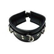 Leather genuine-leather padded-leather accessories neck neckwear collar choker D-ring adjustable buckle lockable locking edgy shiny glossy matte-finish matte-glossy sleek durable bold comfortable stylish sturdy versatile secure soft fetish fashion alt-fashion alternative bedroom dungeon goth gothic bondage-collar bondage bdsm bdsm-toys bdsm-gear sub submissive restraint costume cosplay halloween pet pet-play pet-training adult-toys unisex black
