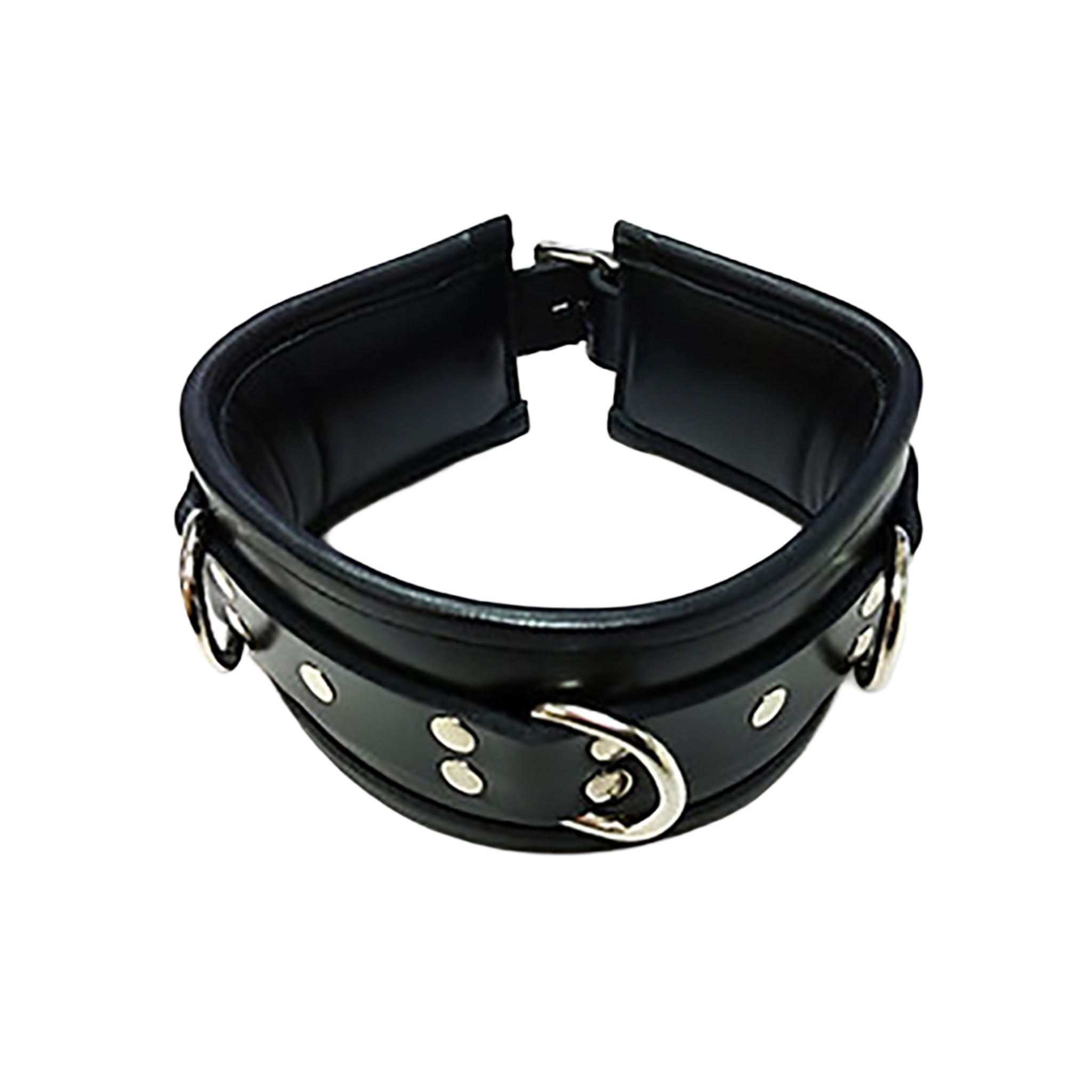 Leather genuine-leather padded-leather accessories neck neckwear collar choker D-ring adjustable buckle lockable locking edgy shiny glossy matte-finish matte-glossy sleek durable bold comfortable stylish sturdy versatile secure soft fetish fashion alt-fashion alternative bedroom dungeon goth gothic bondage-collar bondage bdsm bdsm-toys bdsm-gear sub submissive restraint costume cosplay halloween pet pet-play pet-training adult-toys unisex black