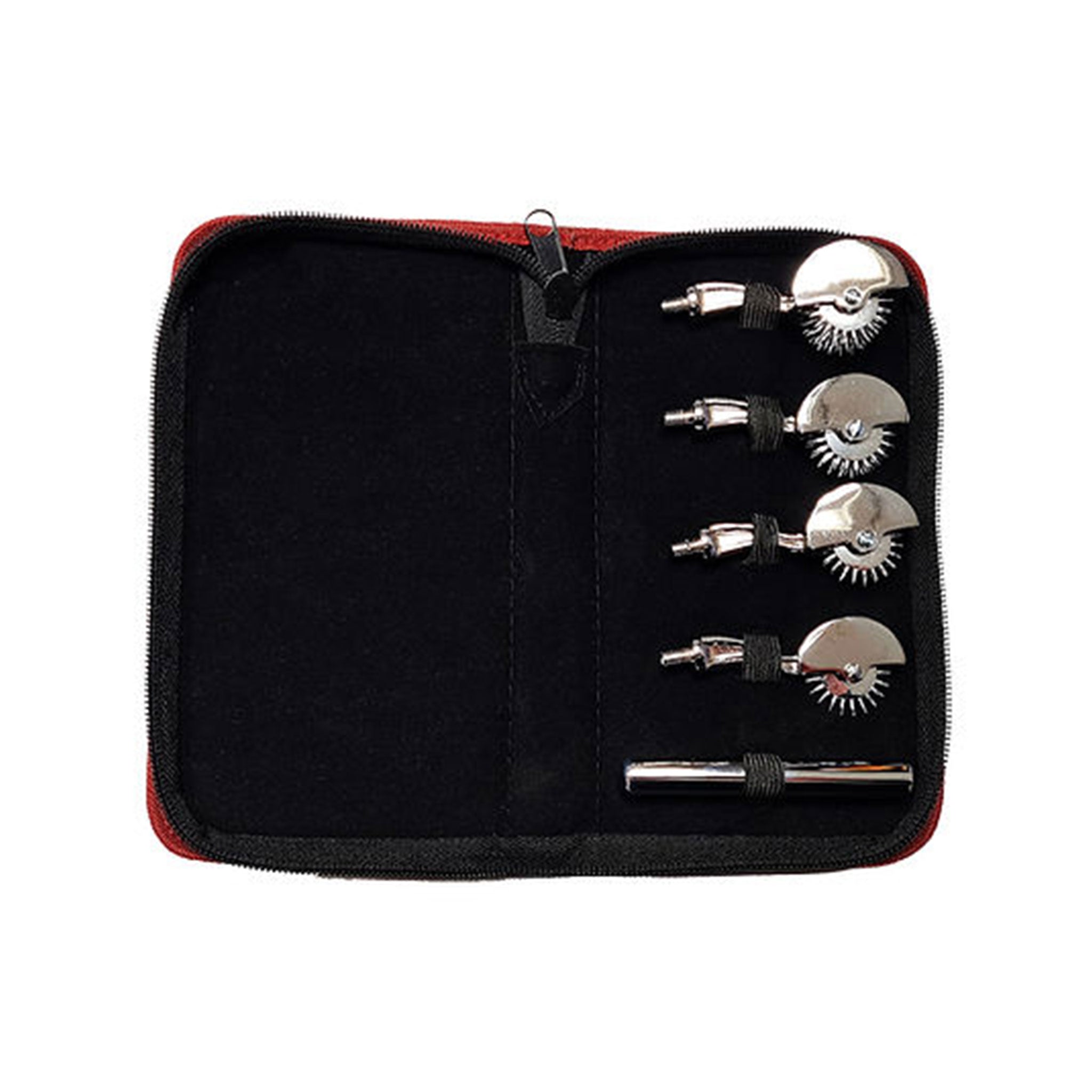 Stainless-steel chrome-plated accessories pinwheel pin-wheel interchangeable-heads one-wheel 1-wheel two-wheel 2-wheel three-wheel 3-wheel 5-wheel five-wheel screw-in handle carrying-case stim stimulate stimulation sharp prickling tickling bondage bdsm bdsm-toys bdsm-play kink kinky kinky-toys kinky-play sensory sensory-play sensory-toys pain teasing torture medical medical-toys wartenburg holiday-gifts gifts adult-toys unisex silver chrome