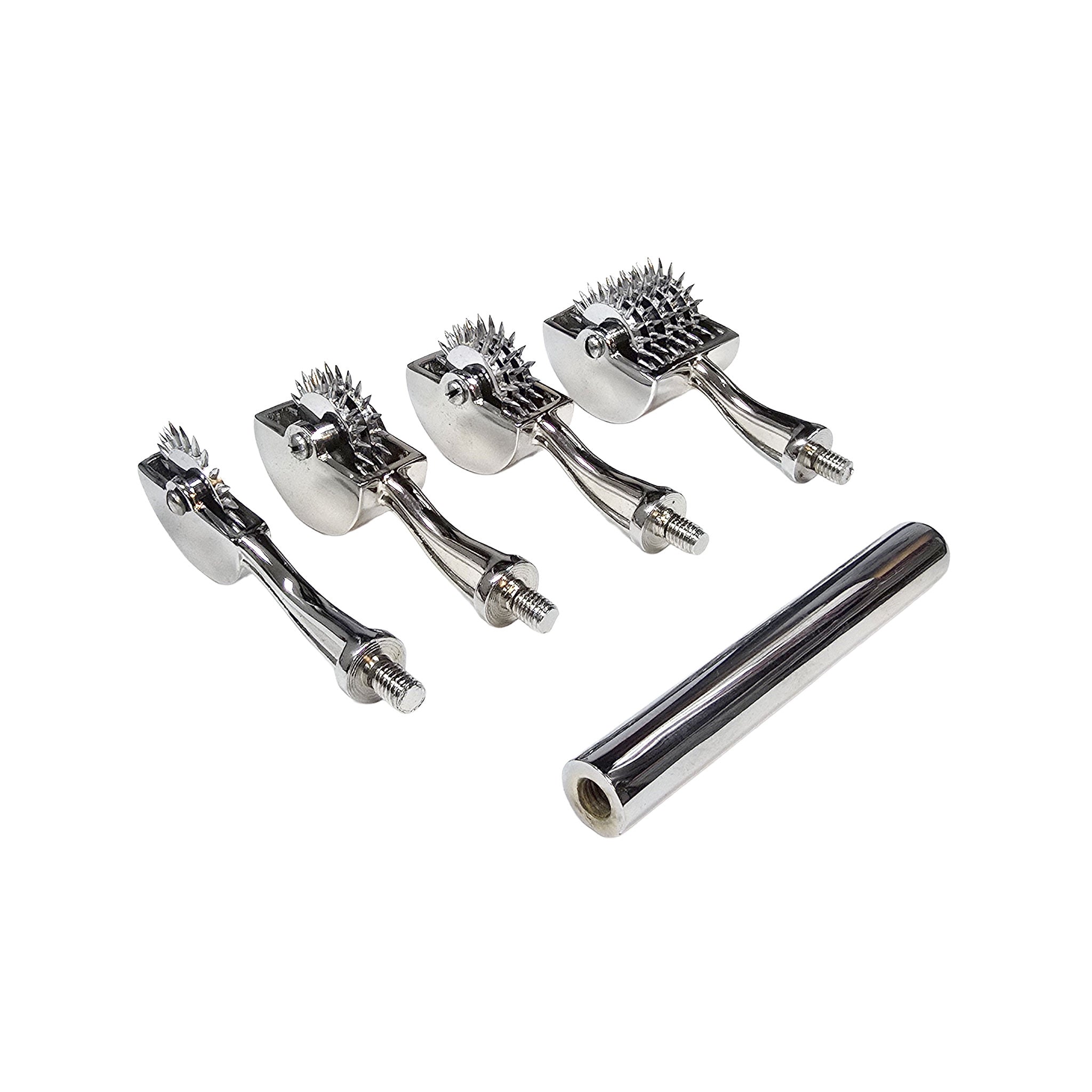 Stainless-steel chrome-plated accessories pinwheel pin-wheel interchangeable-heads one-wheel 1-wheel two-wheel 2-wheel three-wheel 3-wheel 5-wheel five-wheel screw-in handle carrying-case stim stimulate stimulation sharp prickling tickling bondage bdsm bdsm-toys bdsm-play kink kinky kinky-toys kinky-play sensory sensory-play sensory-toys pain teasing torture medical medical-toys wartenburg holiday-gifts gifts adult-toys unisex silver chrome