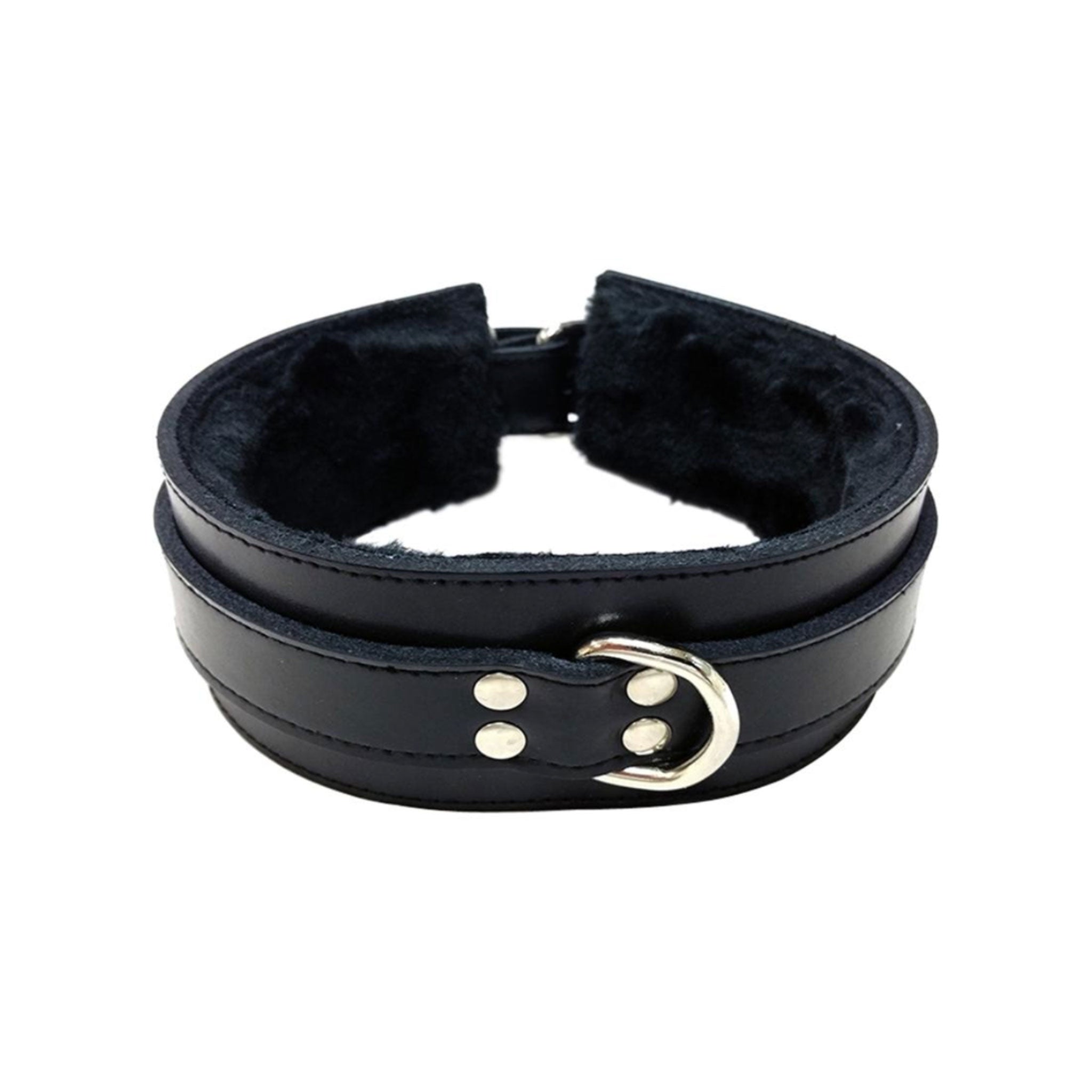 Leather genuine-leather fur faux-fur synthetic-fur fur-lining accessories neck restraints collar choker padded padded-leather D-ring adjustable buckle comfortable edgy sturdy heavy-duty fetish fashion alt-fashion alternative bedroom dungeon bondage bdsm bdsm-toys bdsm-gear bondage-collar kink kinky kinky-play sub submissive costume cosplay halloween adult-toys unisex black