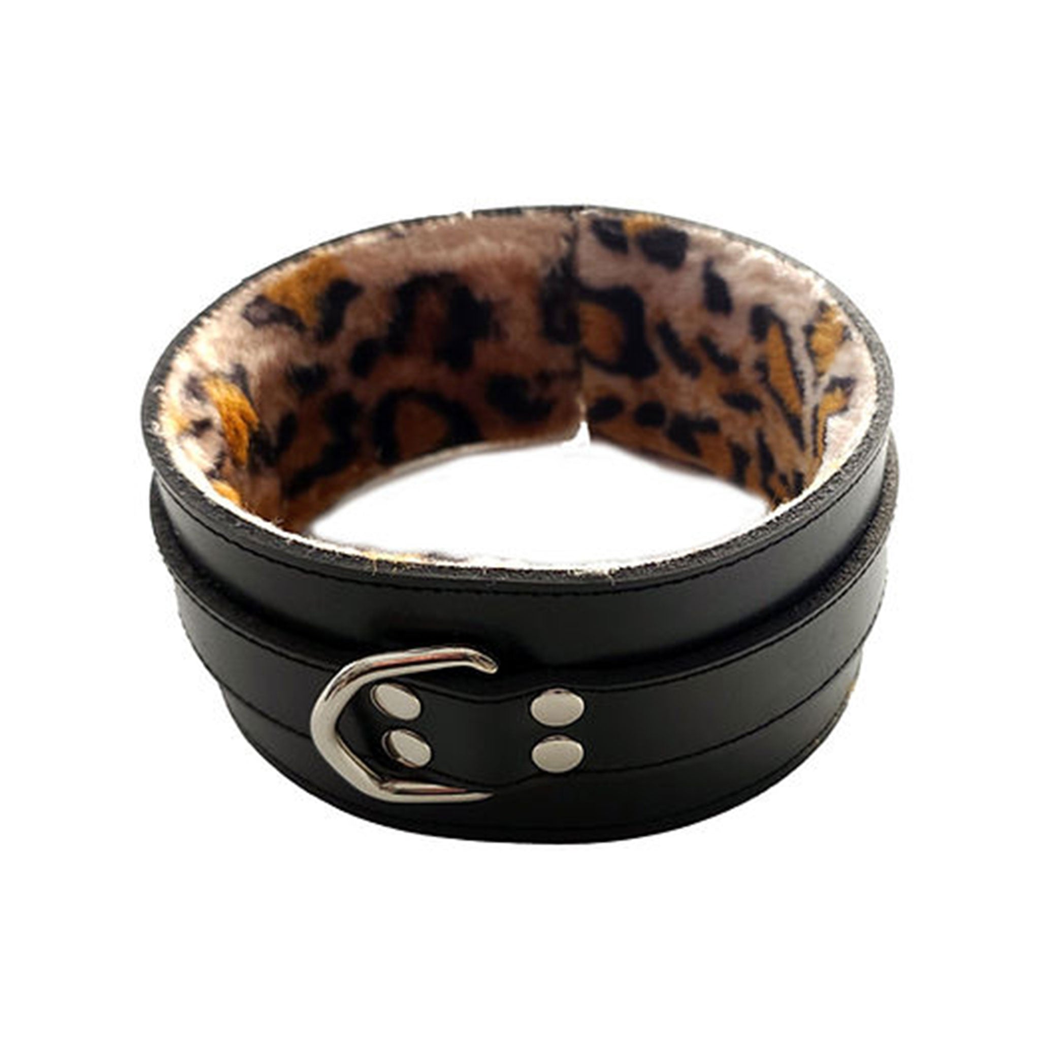 Leather genuine-leather fur faux-fur synthetic-fur fur-lining accessories neck restraints collar choker padded padded-leather D-ring adjustable buckle comfortable edgy sturdy heavy-duty fetish fashion alt-fashion alternative bedroom dungeon bondage bdsm bdsm-toys bdsm-gear bondage-collar kink kinky kinky-play sub submissive animal pet pet-play costume cosplay halloween adult-toys unisex black leopard