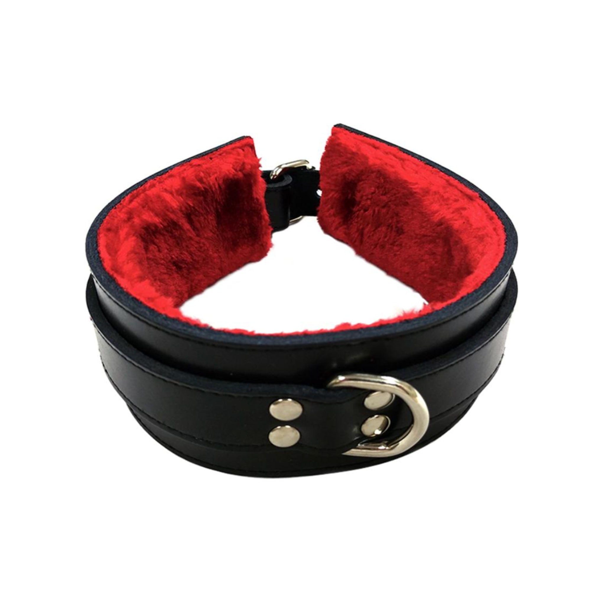 Leather genuine-leather fur faux-fur synthetic-fur fur-lining accessories neck restraints collar choker padded padded-leather D-ring adjustable buckle comfortable edgy sturdy heavy-duty fetish fashion alt-fashion alternative bedroom dungeon bondage bdsm bdsm-toys bdsm-gear bondage-collar kink kinky kinky-play sub submissive costume cosplay halloween adult-toys unisex black red