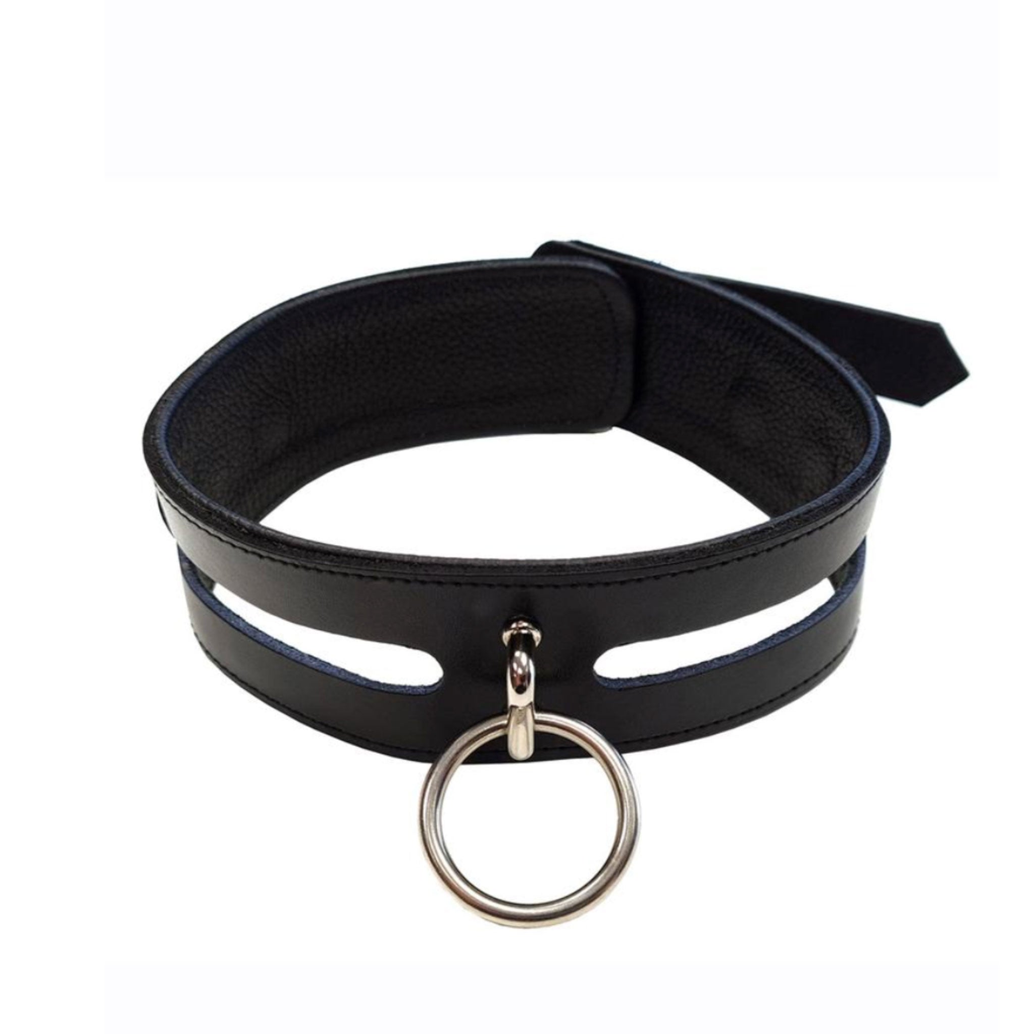 Leather genuine-leather accessories neck restraints collar choker O-ring adjustable buckle soft versatile edgy durable sleek stylish bold sturdy comfortable fetish fashion alt-fashion alternative rock punk goth gothic cyber dungeon bedroom bondage bdsm bdsm-toys bdsm-gear bondage collar kink kinky kinkwear kinky-toys sub submissive pet pet-play costume cosplay halloween adult-toys unisex