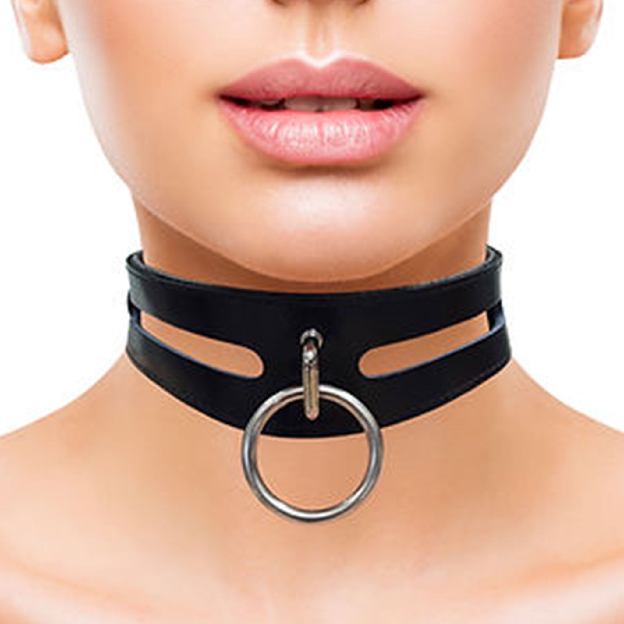 Leather genuine-leather accessories neck restraints collar choker O-ring adjustable buckle soft versatile edgy durable sleek stylish bold sturdy comfortable fetish fashion alt-fashion alternative rock punk goth gothic cyber dungeon bedroom bondage bdsm bdsm-toys bdsm-gear bondage collar kink kinky kinkwear kinky-toys sub submissive pet pet-play costume cosplay halloween adult-toys unisex