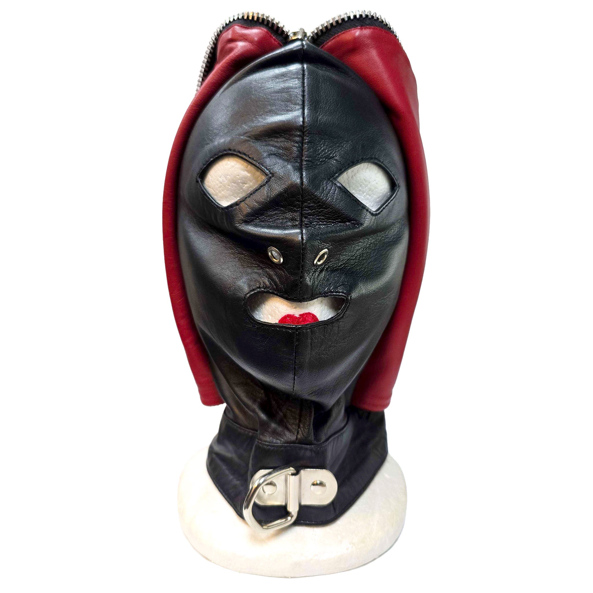 Leather genuine-leather nylon-cording accessories mask hood bdsm-hood adjustable flytrap fly-trap soft versatile comfortable durable fetish fashion alt-fashion bondage bdsm bdsm-gear bdsm-toys kink kinky kinky-play sensory sensory-play deprivation depersonalization control roleplay role-play adult-toys unisex black red