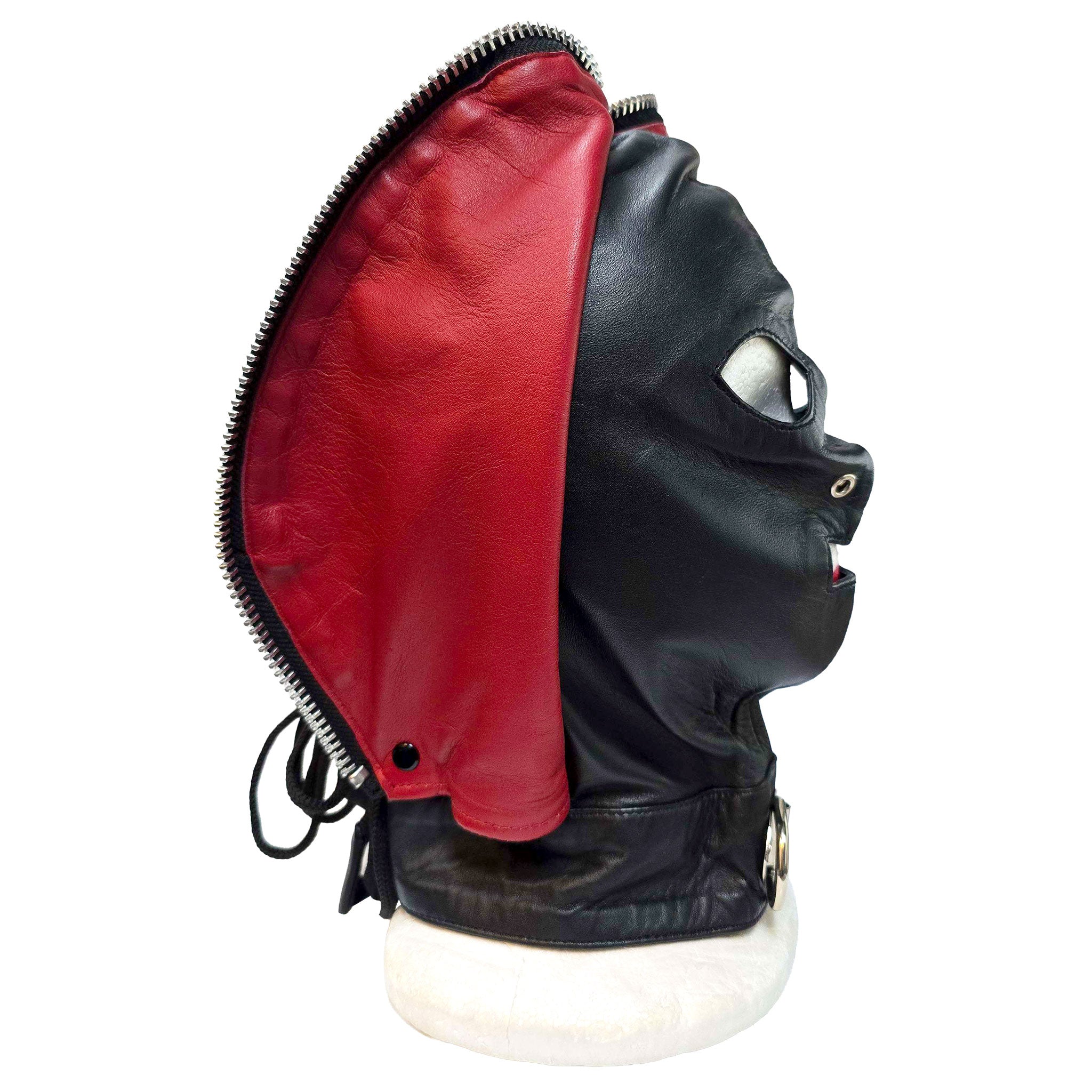 Leather genuine-leather nylon-cording accessories mask hood bdsm-hood adjustable flytrap fly-trap soft versatile comfortable durable fetish fashion alt-fashion bondage bdsm bdsm-gear bdsm-toys kink kinky kinky-play sensory sensory-play deprivation depersonalization control roleplay role-play adult-toys unisex black red