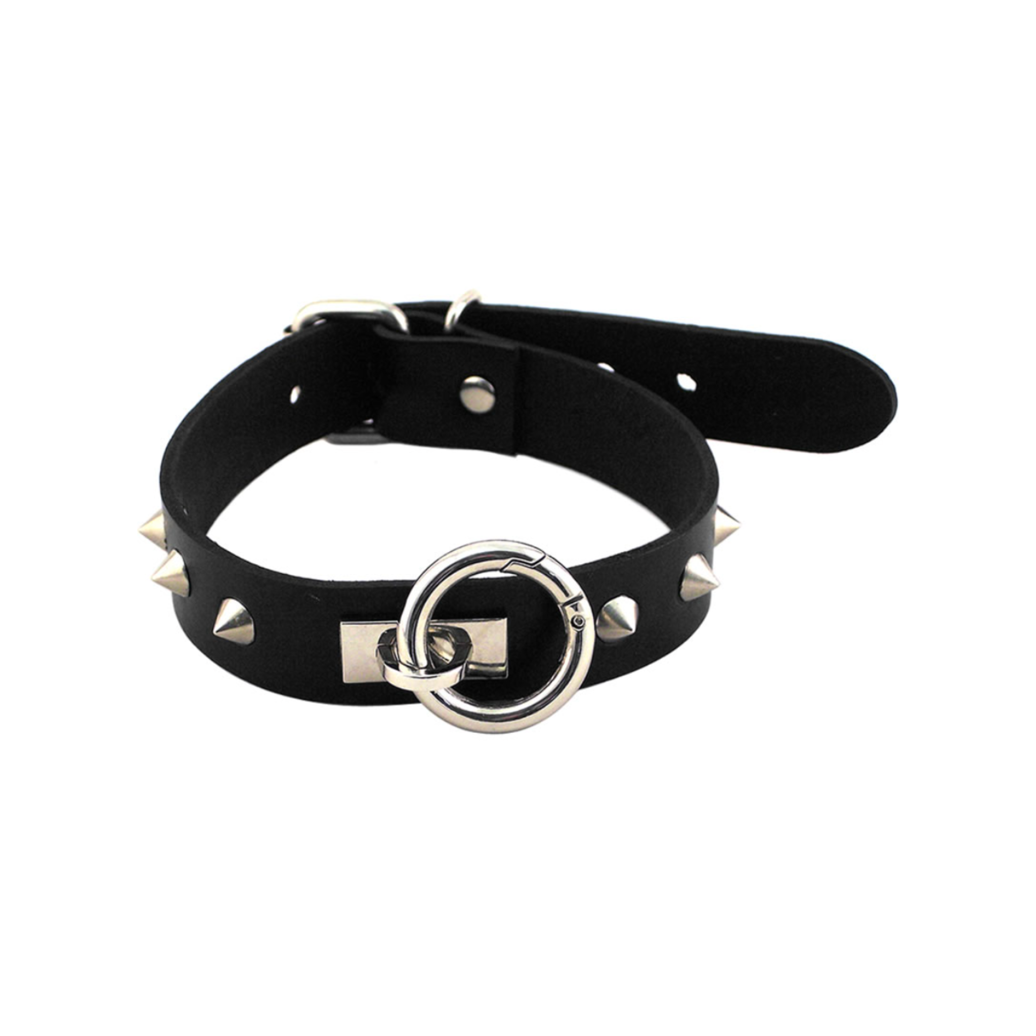rouge o ring studded adjustable leather collar black genuine leather collar metal studs removable o ring buckle closure gothic accessory adult fashion edgy collar alternative style