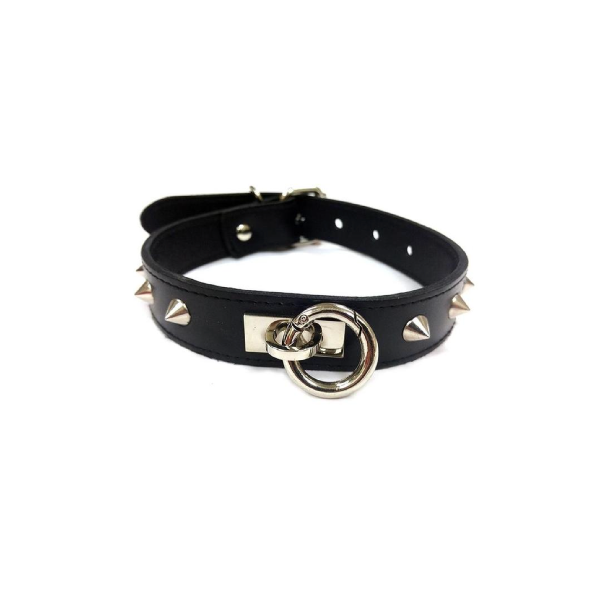 rouge o ring studded adjustable leather collar black genuine leather collar metal studs removable o ring buckle closure gothic accessory adult fashion edgy collar alternative style
