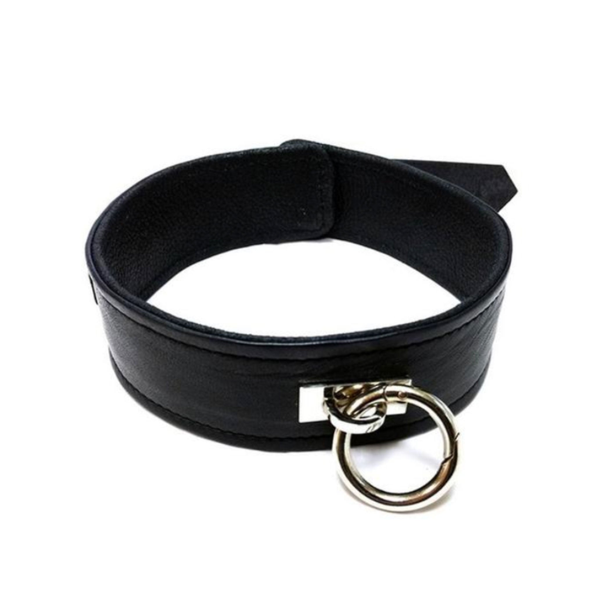 Leather genuine-leather plain-leather accessories collar choker adjustable buckle O-ring hinged removable edgy minimalist stylish structured durable comfortable secure fetish fashion alt-fashion punk goth gothic cyber fetishwear bondage bdsm bdsm-toys bdsm-gear bondage-collar sub submissive kink kinky kinkwear kinky-toys pet pet-play costume cosplay halloween adult-toys unisex black silver chrome