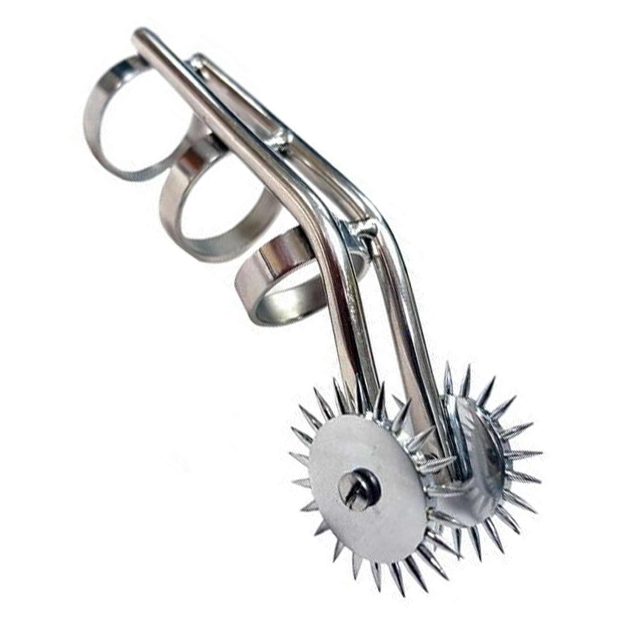 Stainless-steel accessories hands fingers finger-mounted cat-claw pinwheel pin-wheel dual-pinwheel spike spikes spiked stim stimulation 3-ring three-ring secure controlled intense prickly sharp smooth heavy-duty erotic fetish fashion alt-fashion alternative punk cyber cyberpunk cyber-punk bedroom dungeon bondage bdsm bdsm-toys bdsm-play kink kinky kinky-toys kinky-play sensory sensory-play sensory-toys teasing rolling punishment torture medical medical-toys wartenburg-wheel adult-toys silver