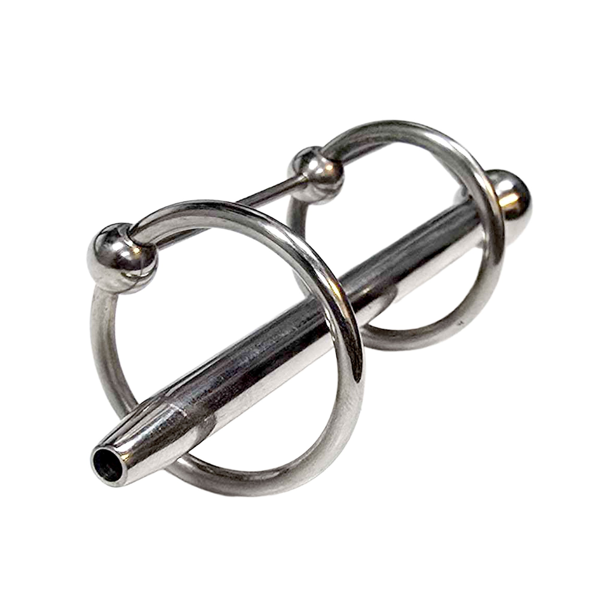 Stainless-steel nonporous non-porous accessories insertable cnb cock-and-ball cbt probe urethral sperm-stopper double-ring hinged-ring smooth-shaft rounded-tip hollow-shaft hollow-center through-hole stim stimulation stimulating stimulator smooth intense fetish roleplay role-play doctor hospital bondage bdsm bdsm-toys kink kinky kinky-toys kinky-play urination water-sports watersports ejaculation medical medical-toys medical-play adult-toys male masculine masc mens guys dudes silver