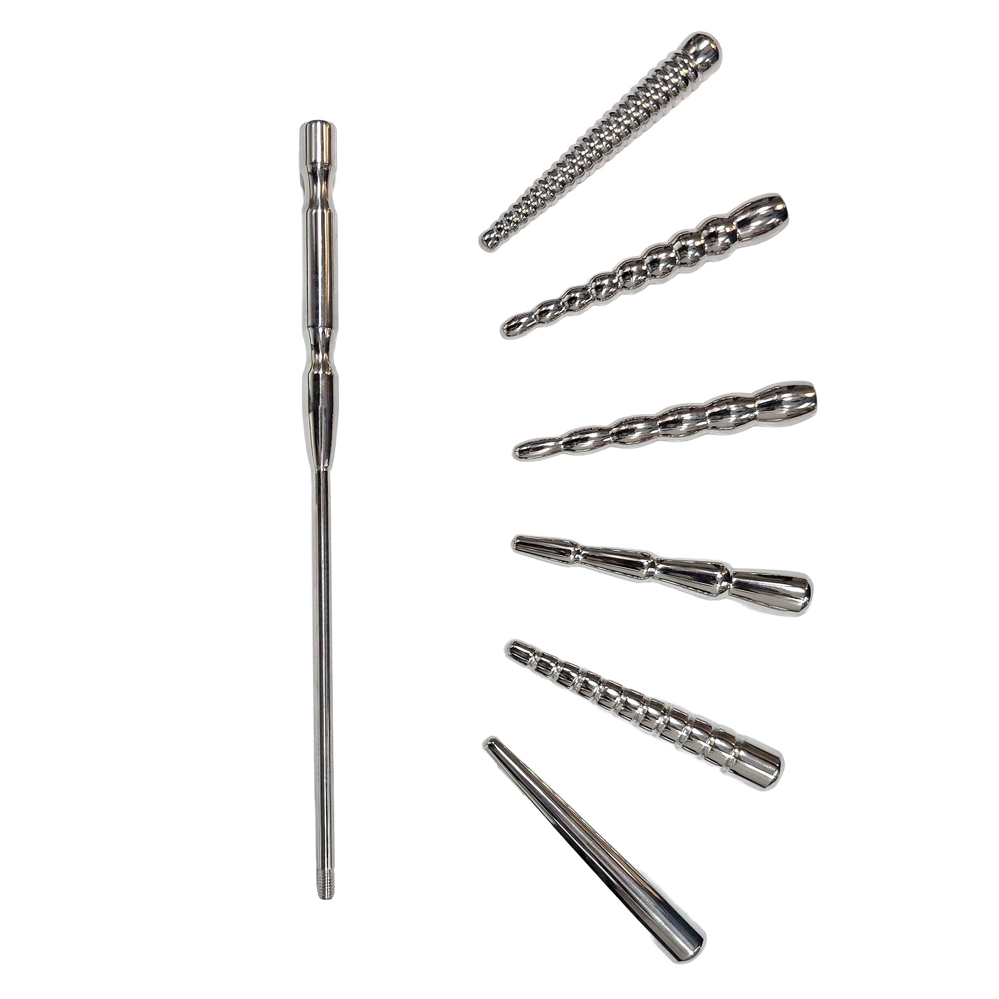 Stainless-steel accessories cnb cock-and-ball plug penis-play penis-plug urethra-play urethra-plug ribbed-plug ribbed-texture smooth-plug smooth-texture hollow-plug fluid-passage interchangeable-plugs varied-sensations long-handle wand-handle comfortable bondage bdsm bdsm-toys kink kinky kinky-play medical medical-play medical-toys sensation sensory-play sensory-exploration adult-toys male masculine masc guys dudes silver