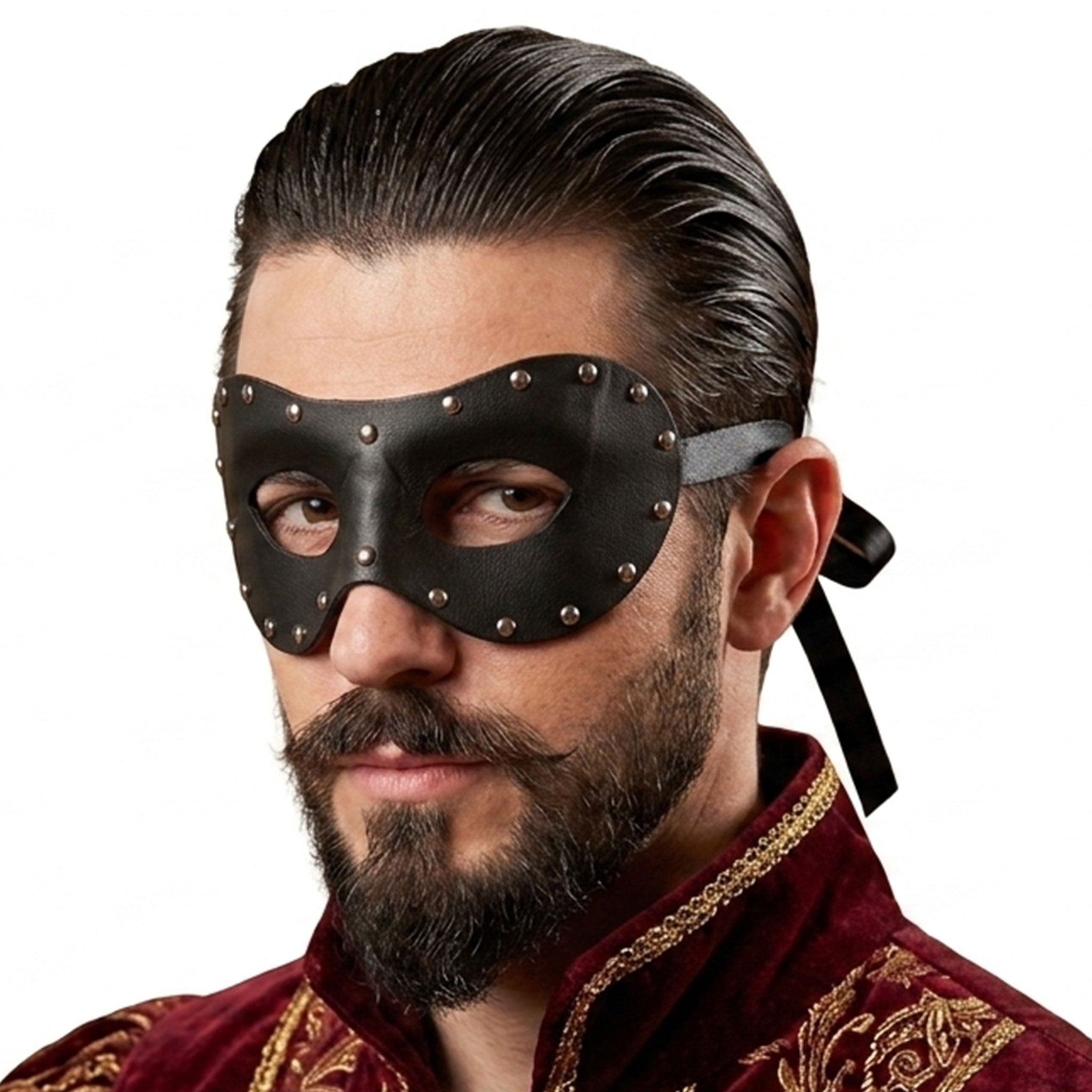 Leather vegan-leather accessores headgear mask eye-mask domino-mask rounded studded molded moulded edgy matte-glossy matte-finish timeless bold classic fetish fashion alt-fashion alternative punk goth gothic masquerade festival renfaire renaissance rave ravewear bondage bdsm bdsm-gear bdsm-fashion kink kinky kinkwear kinky-play costume cosplay halloween halloween-couture superhero masked-hero unisex black