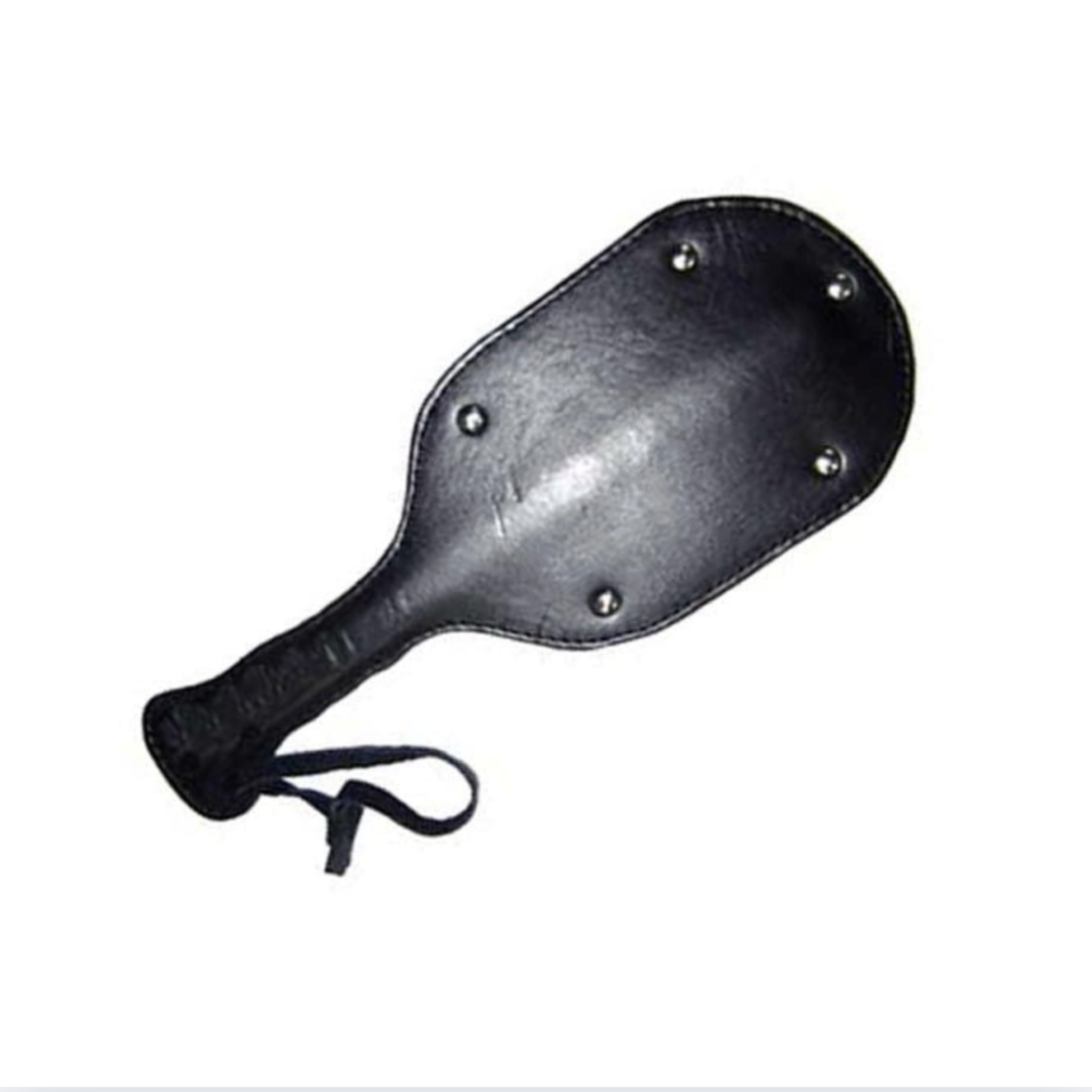 rounded vegan leather studded paddle, black latigo leather paddle, BDSM impact paddle, studded spanking paddle, leather paddle with loop handle, fetish spanking accessory