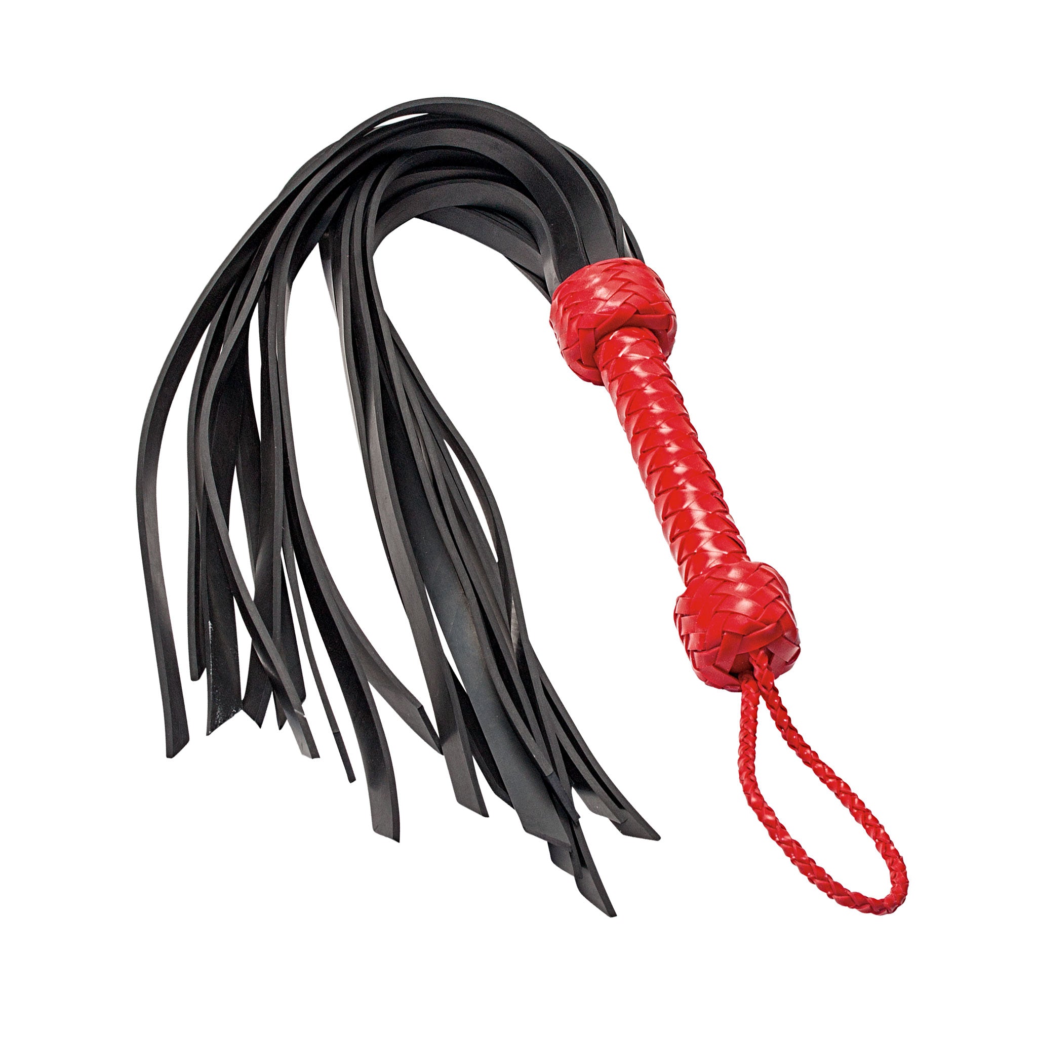 Rubber heavy-rubber accessories whip flogger bedroom-weapons braided handle handle-loop improved-grip fetish fashion alt-fashion bondage bdsm bdsm-toys bdsm-gear impact impact-toys impact-play sadism masochism sadomasochism pain sadist masochist sadomasochist adult-toys unisex red black
