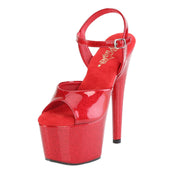 Synthetic materials patent-leather footwear shoes sandal platform stiletto-heel stiletto ankle-strap strappy open-toe open-heel stylish playful extra-height glittery glitter quirkiness bedazzled female femme feminine women red ruby-red