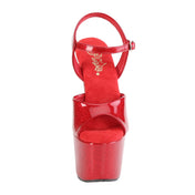 Synthetic materials patent-leather footwear shoes sandal platform stiletto-heel stiletto ankle-strap strappy open-toe open-heel stylish playful extra-height glittery glitter quirkiness bedazzled female femme feminine women red ruby-red