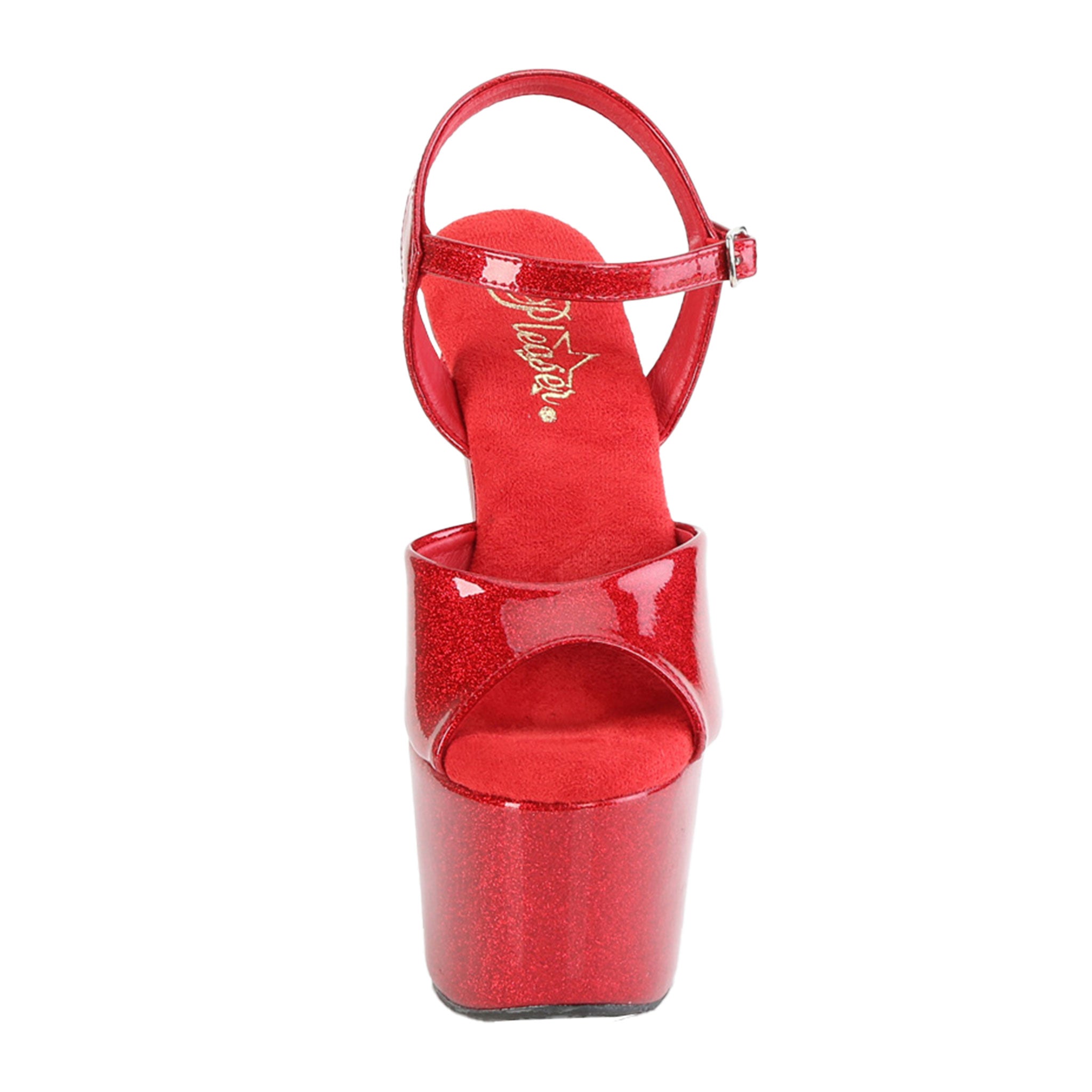 Synthetic materials patent-leather footwear shoes sandal platform stiletto-heel stiletto ankle-strap strappy open-toe open-heel stylish playful extra-height glittery glitter quirkiness bedazzled female femme feminine women red ruby-red