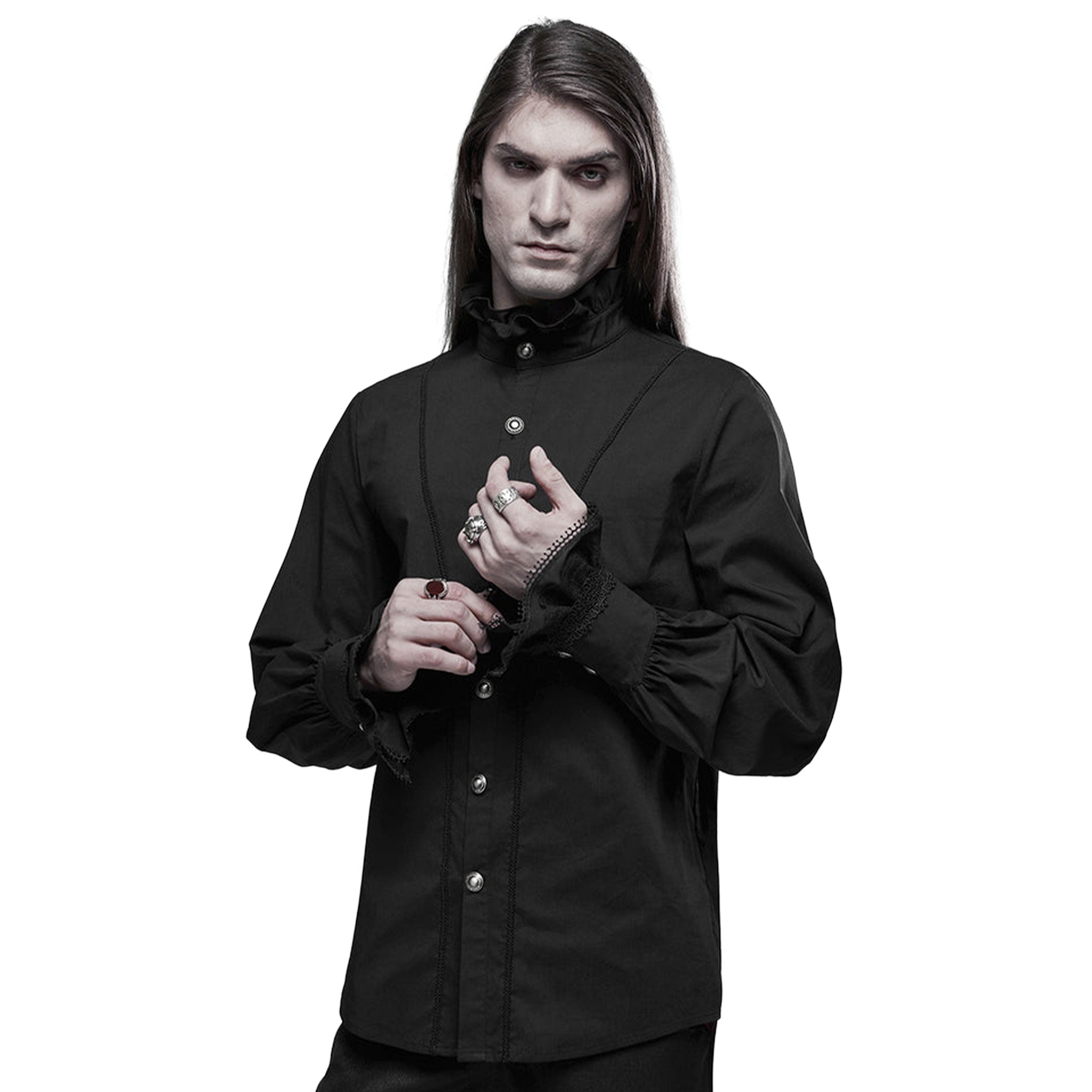 Cotton polyamide spandex lace polyester apparel tops shirt longsleeve long-sleeve sleeves sleeved flared-collar ruffle-collar ruffle-neck flared-sleeve ruffle-sleeve bell-cuff v-shaped loose-fitting button-up embroidered embroidery embroidered-lace dramatic sexy elegant fetish fashion alt-fashion aristocratic goth gothic goth-doll costume cosplay halloween halloween-couture vampire male masculine masc mens guys dudes gentlemen afterdark black