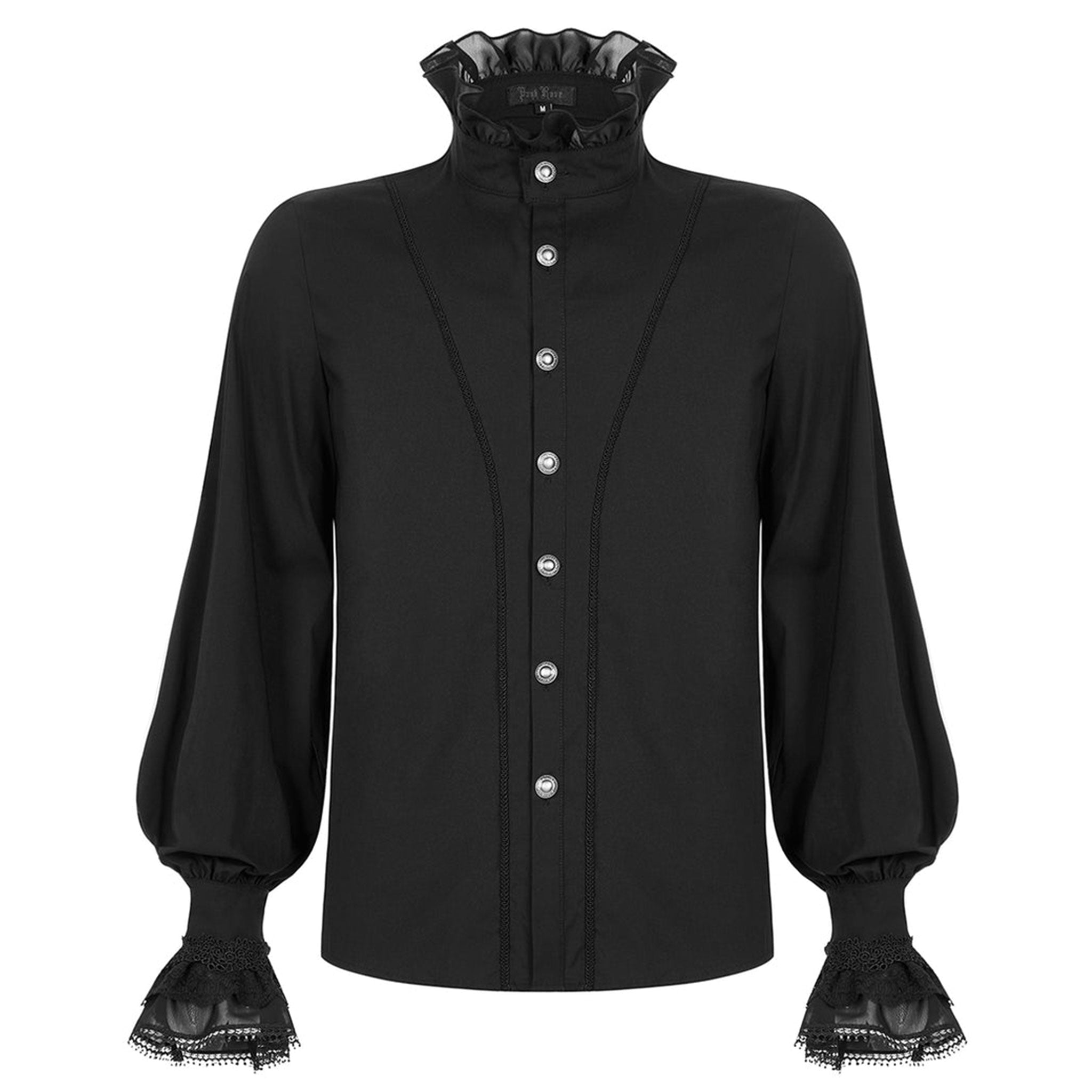 Cotton polyamide spandex lace polyester apparel tops shirt longsleeve long-sleeve sleeves sleeved flared-collar ruffle-collar ruffle-neck flared-sleeve ruffle-sleeve bell-cuff v-shaped loose-fitting button-up embroidered embroidery embroidered-lace dramatic sexy elegant fetish fashion alt-fashion aristocratic goth gothic goth-doll costume cosplay halloween halloween-couture vampire male masculine masc mens guys dudes gentlemen afterdark black
