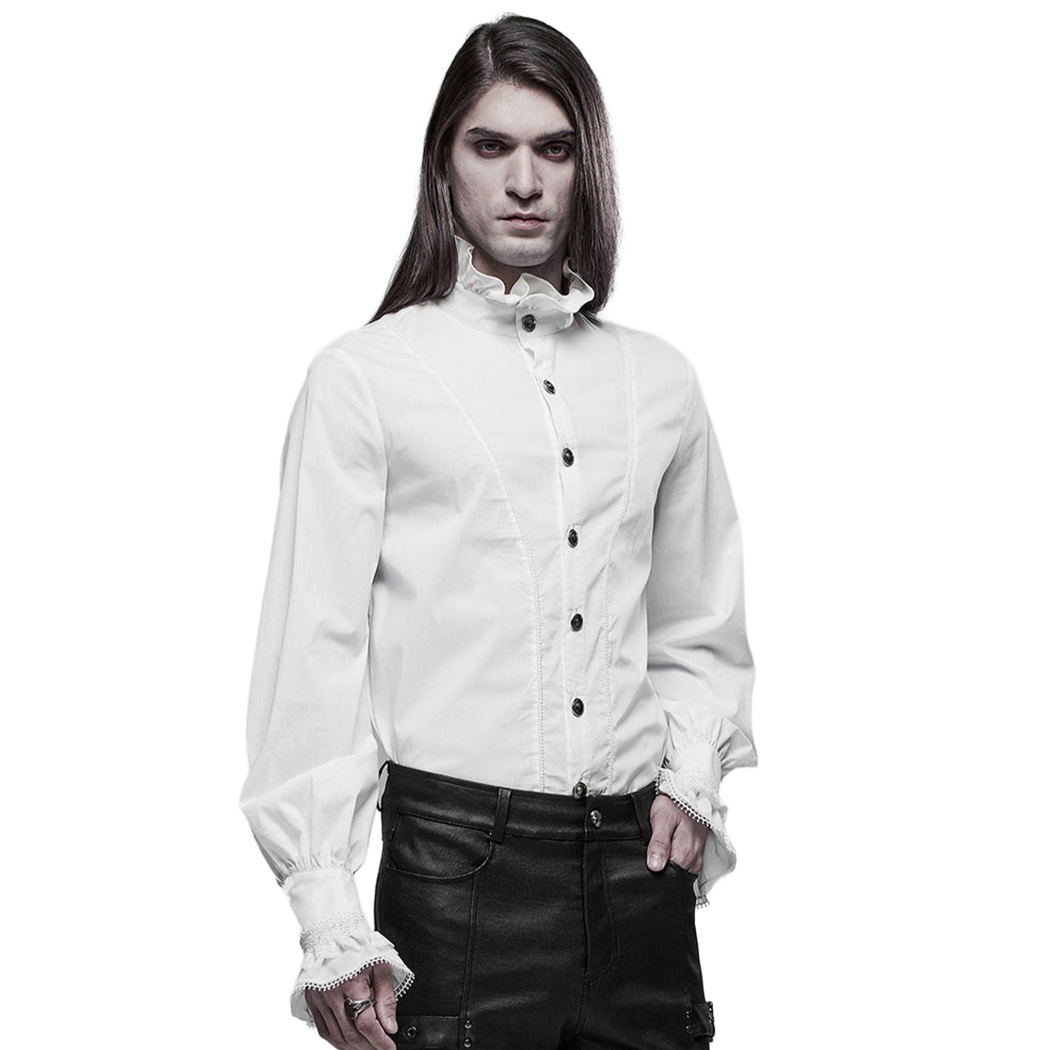Cotton polyamide spandex lace polyester apparel tops shirt longsleeve long-sleeve sleeves sleeved flared-collar ruffle-collar ruffle-neck flared-sleeve ruffle-sleeve bell-cuff v-shaped loose-fitting button-up embroidered embroidery embroidered-lace dramatic sexy elegant fetish fashion alt-fashion aristocratic goth gothic goth-doll costume cosplay halloween halloween-couture vampire male masculine masc mens guys dudes gentlemen afterdark white
