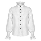 Cotton polyamide spandex lace polyester apparel tops shirt longsleeve long-sleeve sleeves sleeved flared-collar ruffle-collar ruffle-neck flared-sleeve ruffle-sleeve bell-cuff v-shaped loose-fitting button-up embroidered embroidery embroidered-lace dramatic sexy elegant fetish fashion alt-fashion aristocratic goth gothic goth-doll costume cosplay halloween halloween-couture vampire male masculine masc mens guys dudes gentlemen afterdark white
