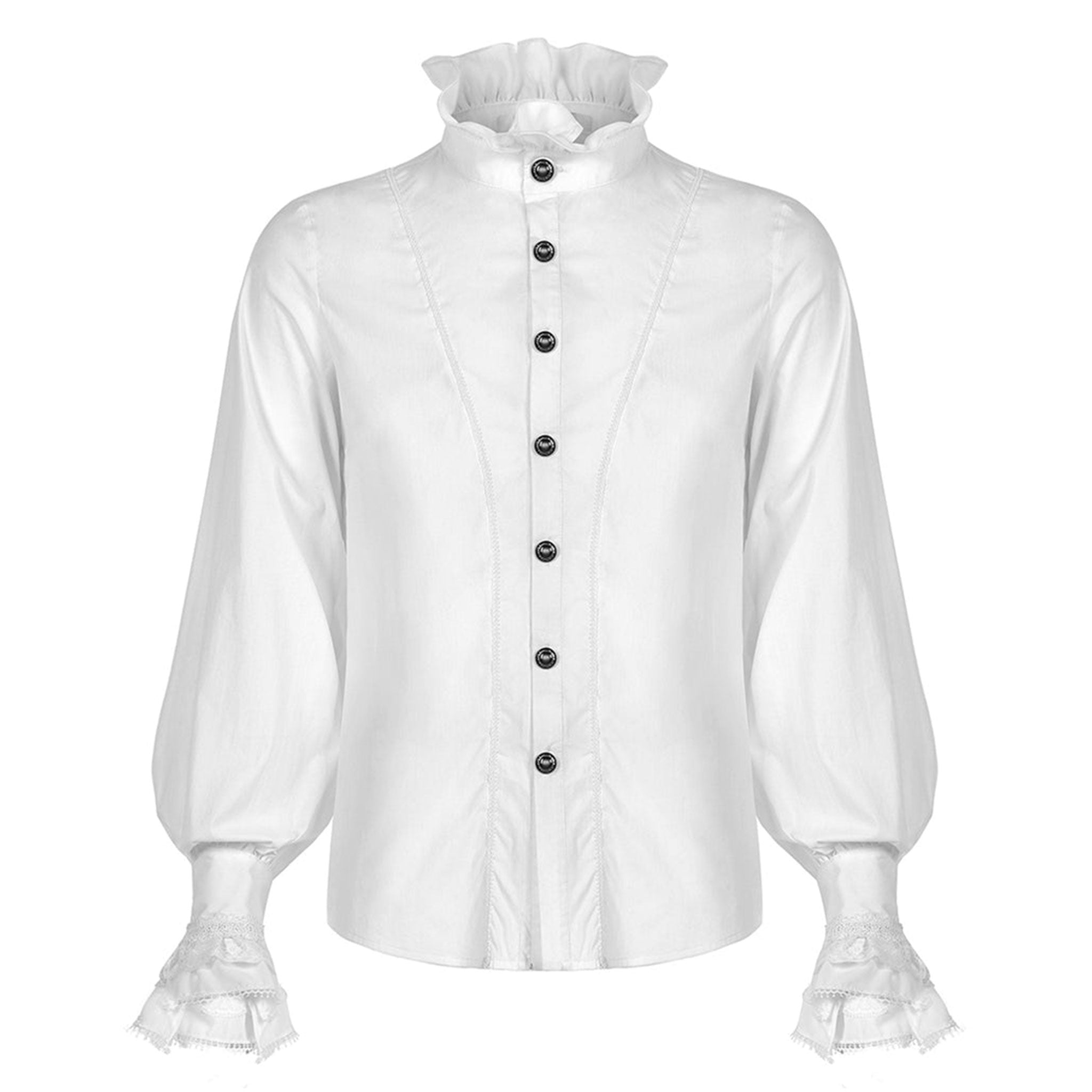 Cotton polyamide spandex lace polyester apparel tops shirt longsleeve long-sleeve sleeves sleeved flared-collar ruffle-collar ruffle-neck flared-sleeve ruffle-sleeve bell-cuff v-shaped loose-fitting button-up embroidered embroidery embroidered-lace dramatic sexy elegant fetish fashion alt-fashion aristocratic goth gothic goth-doll costume cosplay halloween halloween-couture vampire male masculine masc mens guys dudes gentlemen afterdark white
