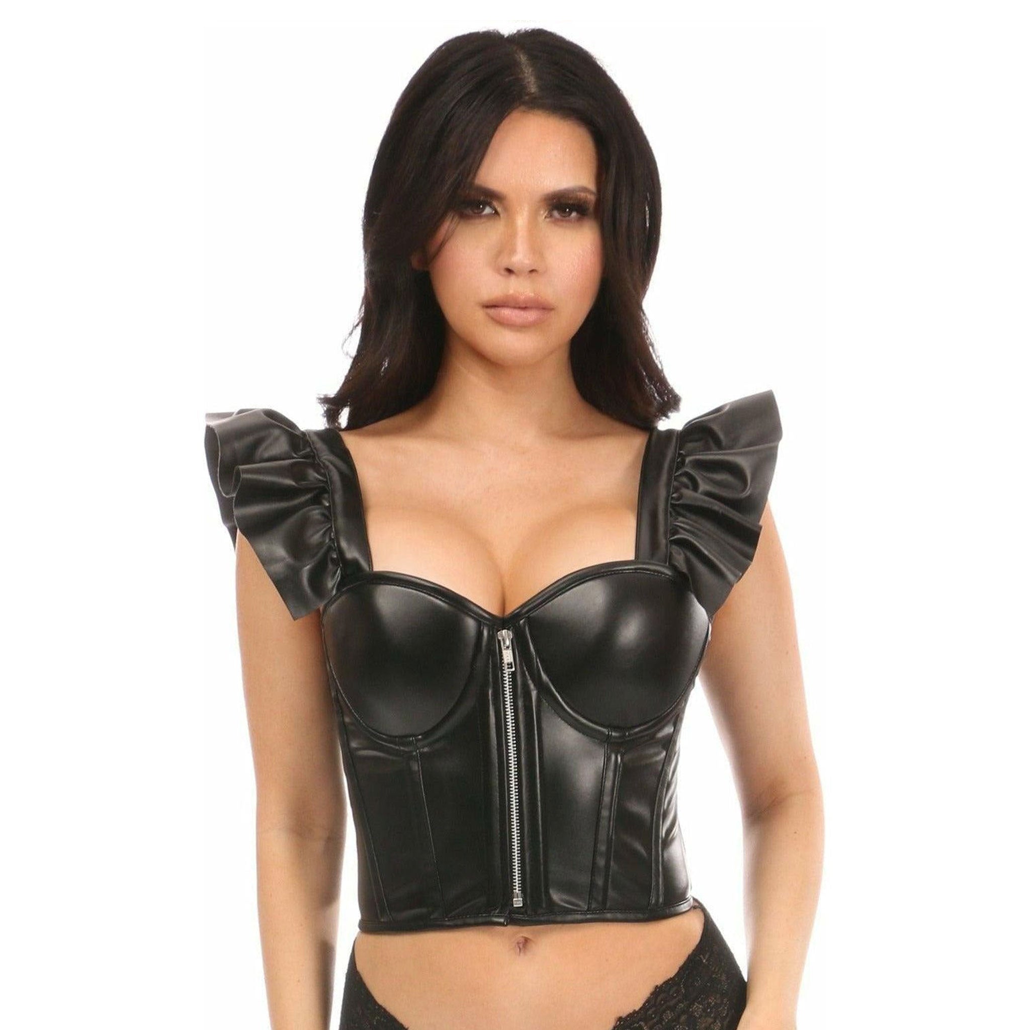Leather faux-leather top bustier corset cincher built-in underwire under-wire molded moulded cups sleeveless shoulder-strap adjustable ruffles front-zip zipper support bones plastic-bones static-bones ribbon-lacing satin nickle-brass grommets nickel-brass lavish fashion fetish black