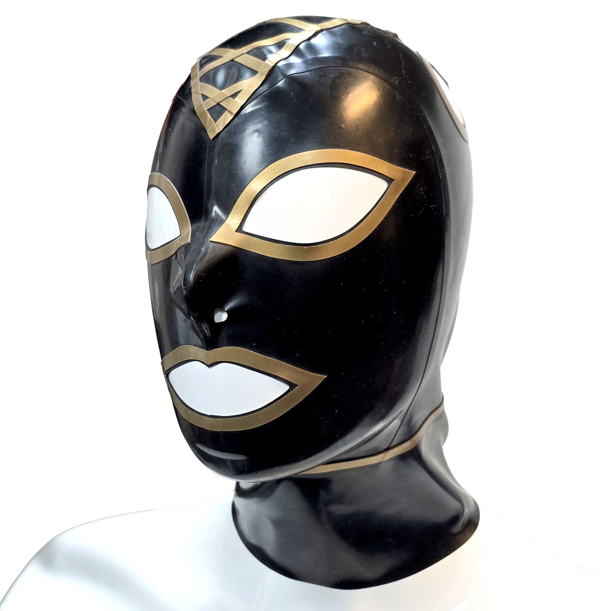 Criss-Cross Hatch Trimmed Latex Hood with 2 Hair Pull Holes